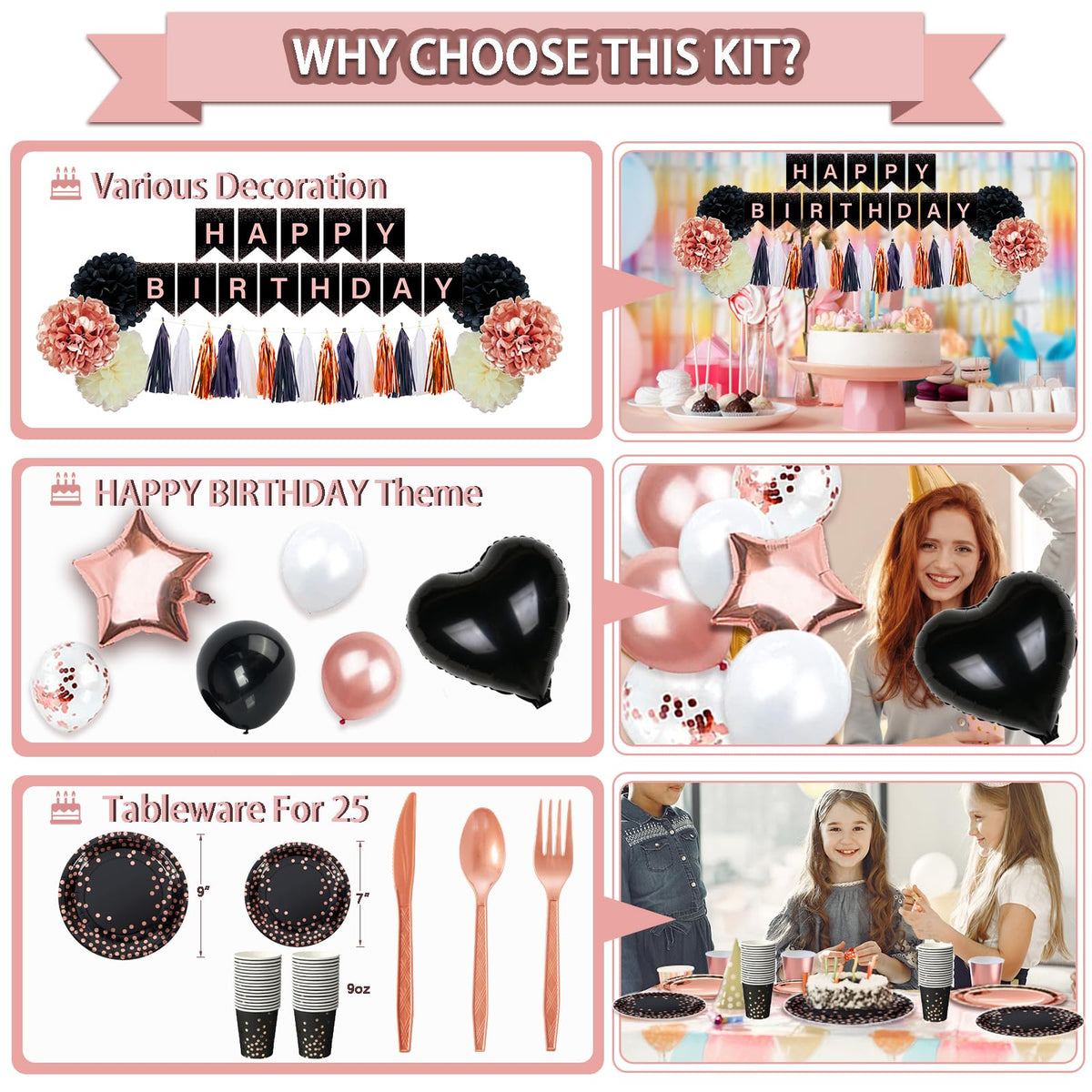 Guudmua 295 Pcs Black And Rose Gold Birthday Decorations - Guudmua Official Imagery - 6