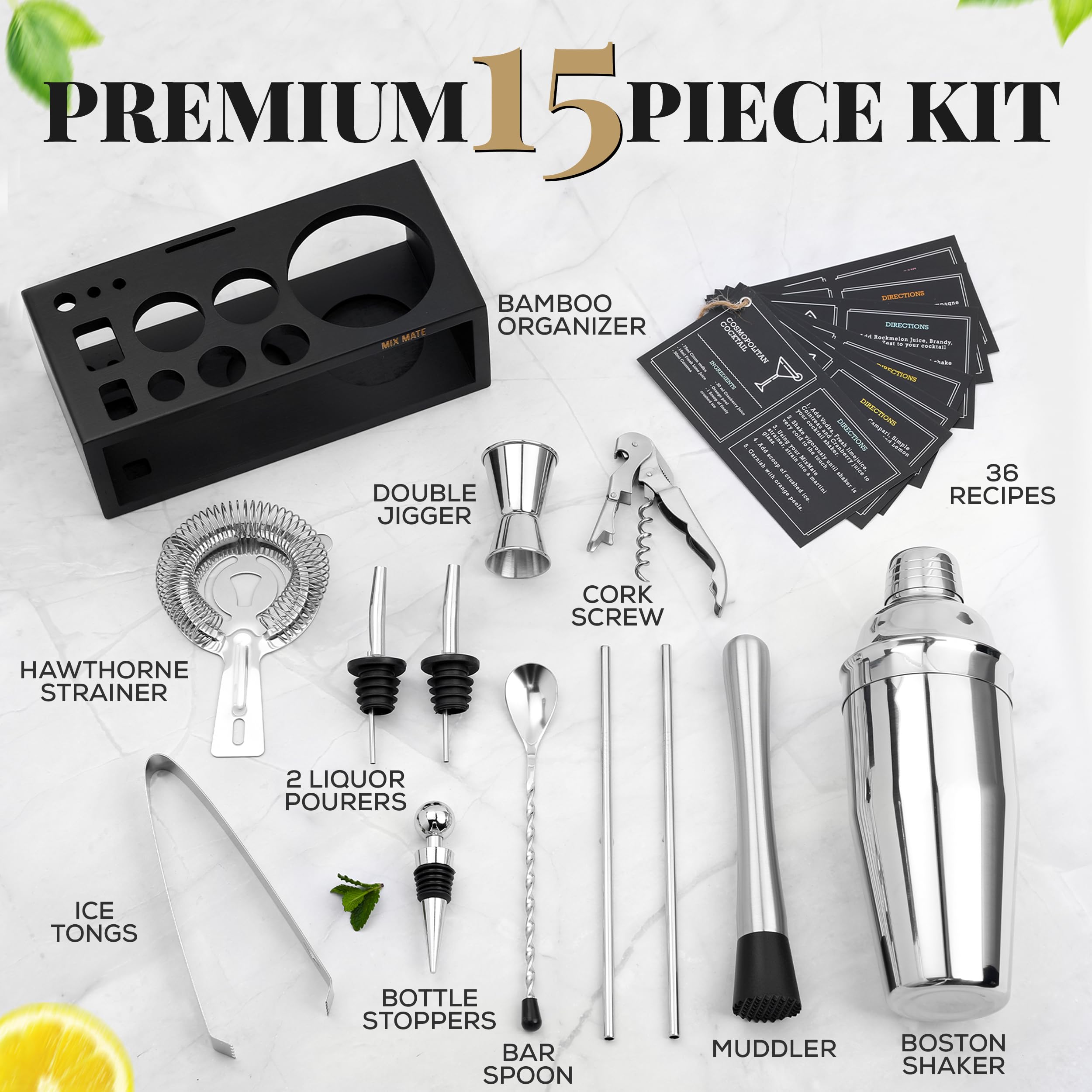MixMate Mixology Bartender Kit with Stand - 15 Piece Bar Tool Set - MixMate Official Product View 3