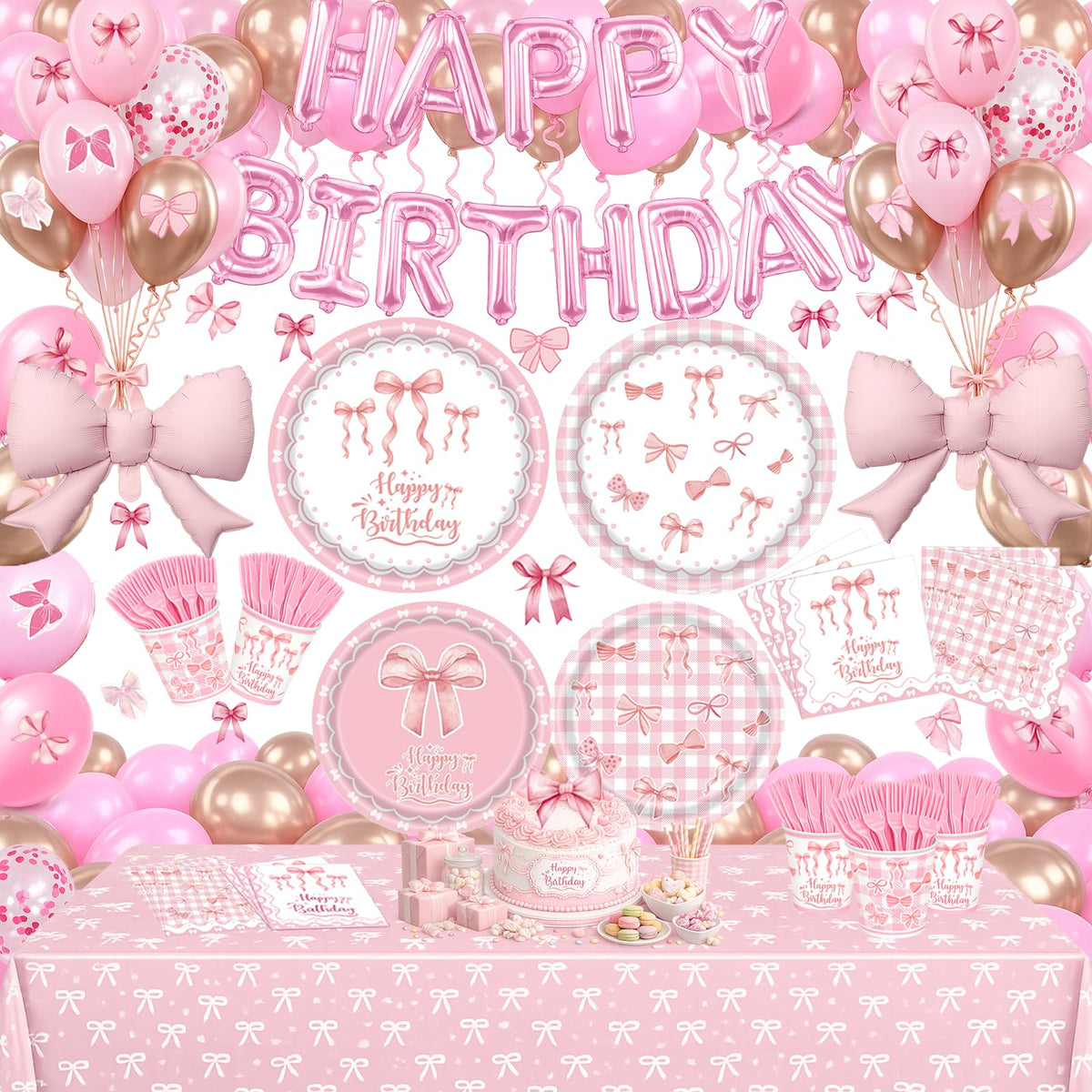 219Pcs Pink Bow Birthday Decorations Coquette Tableware Set - UBGKCJSJ Official Imagery - 1