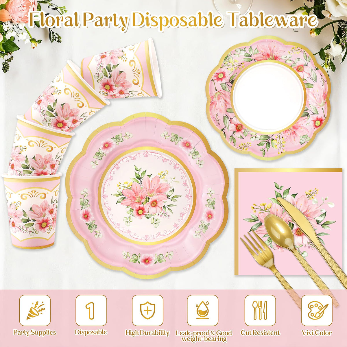 168PCS Flower Tea Party Supplies Pink Vintage Floral Party - Fighting to Achieve Official Imagery - 4