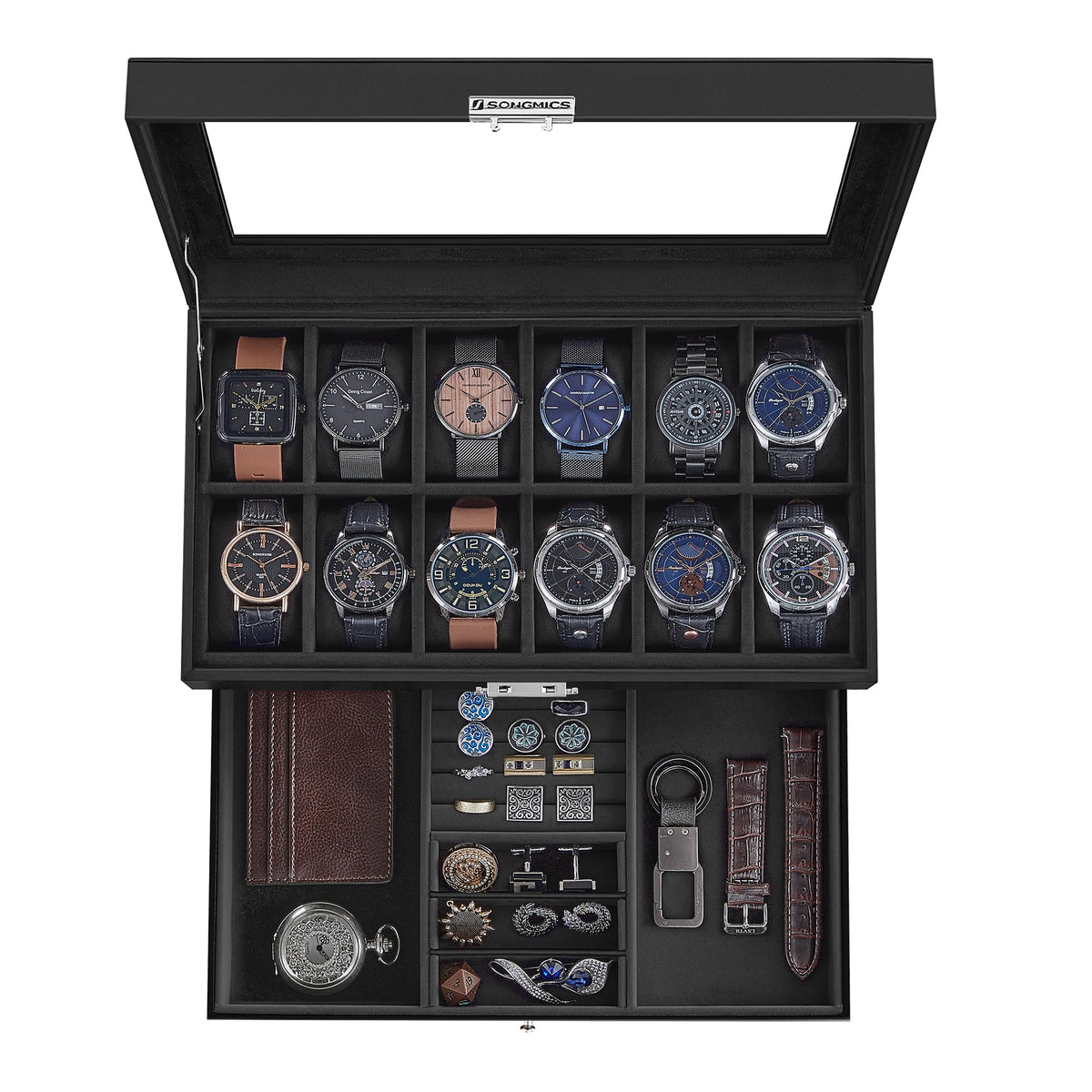 SONGMICS 12 Slot Watch Box Lockable with Glass Lid 2 Layers - SONGMICS Official Imagery - 1