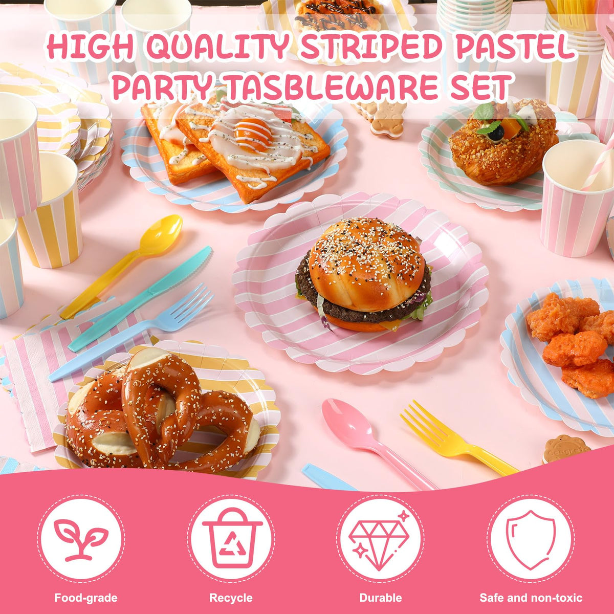 Potchen 220 Pcs Pastel Stripe Plate Party Decor Supplies for - Potchen Official Imagery - 4