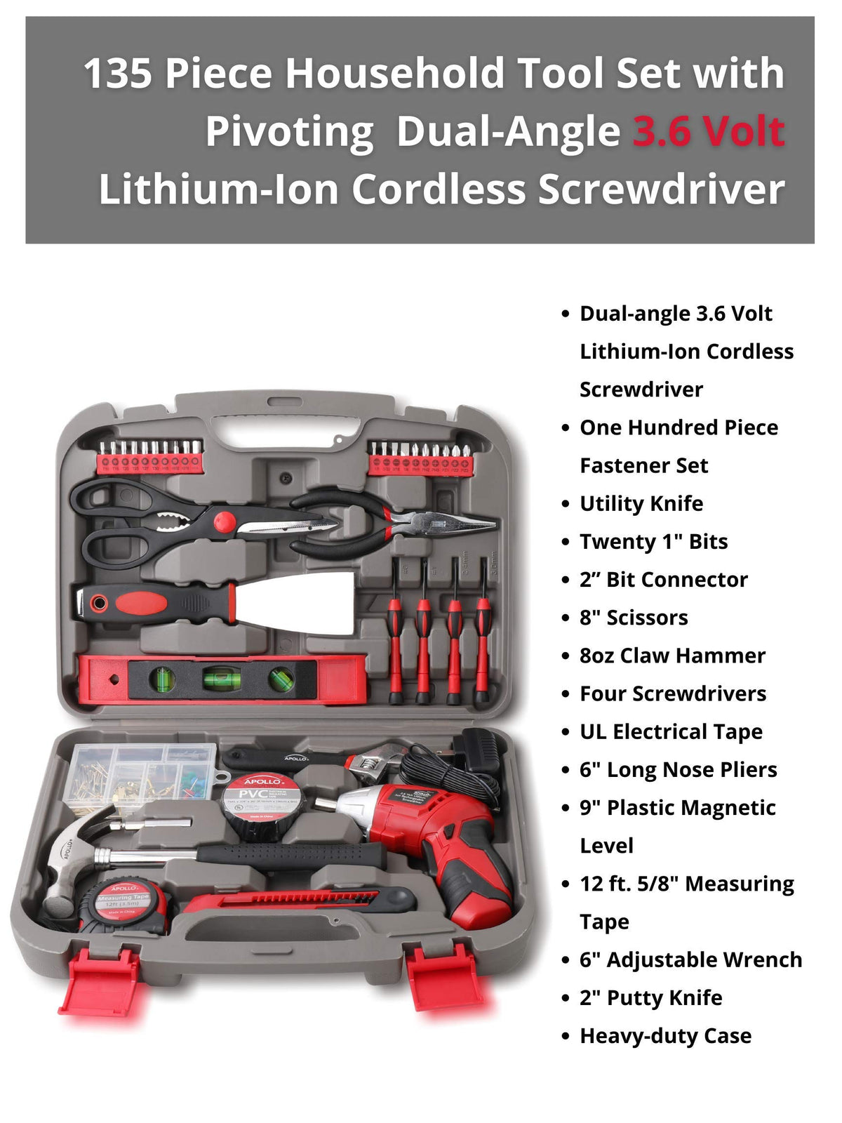 Apollo Tools 135 Piece Household Tool Set Red DT0773 - Apollo Official Imagery - 6