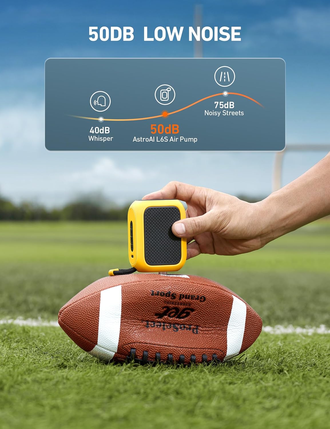 AstroAI portable electric ball pump with digital LCD display for fast inflation of sports balls and inflatables.