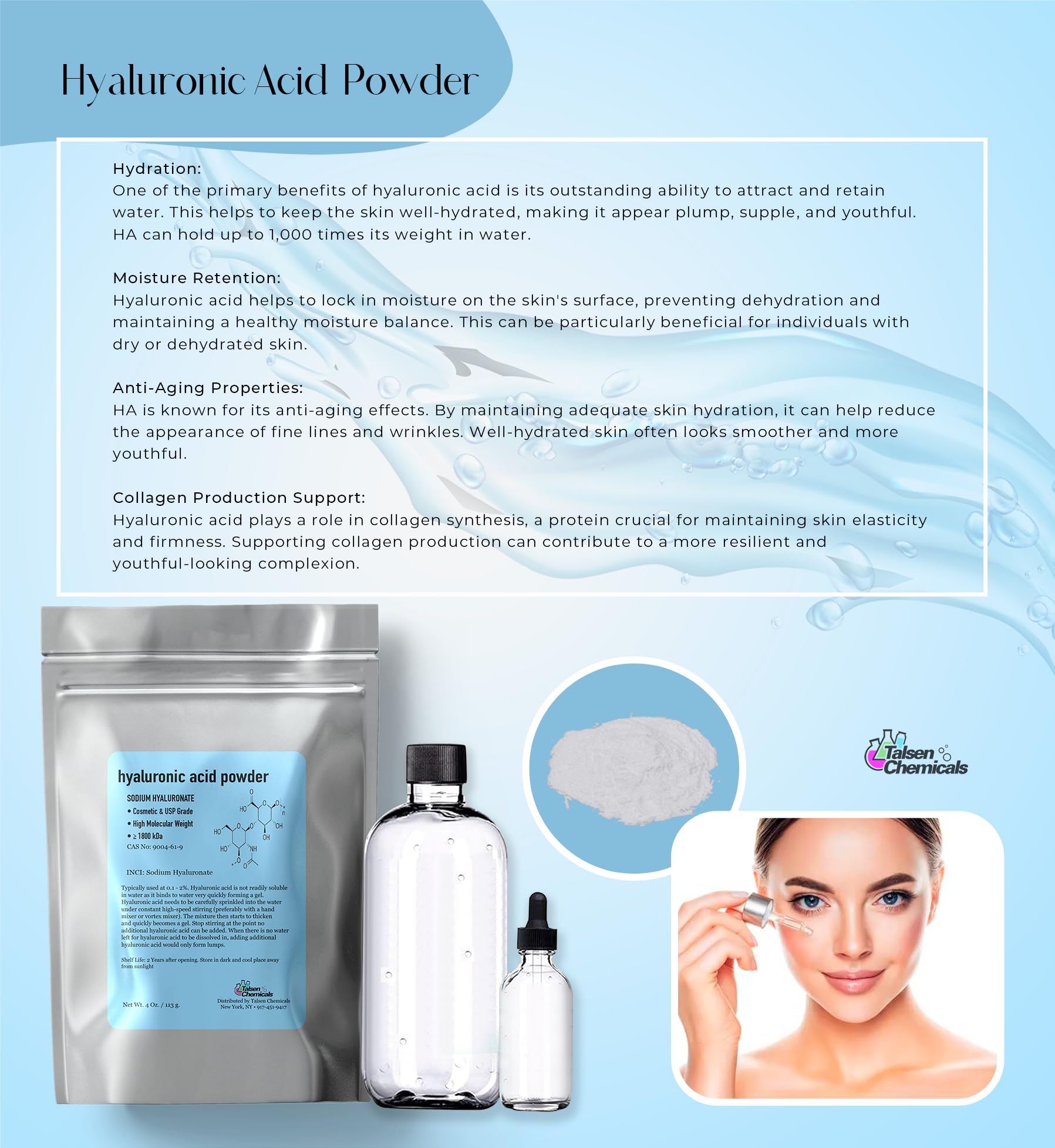 Talsen Chemicals Pure Hyaluronic Acid Powder 1800 kDa+ Natural Cosmetic Grade, - Talsen Chemicals Official Product View 3