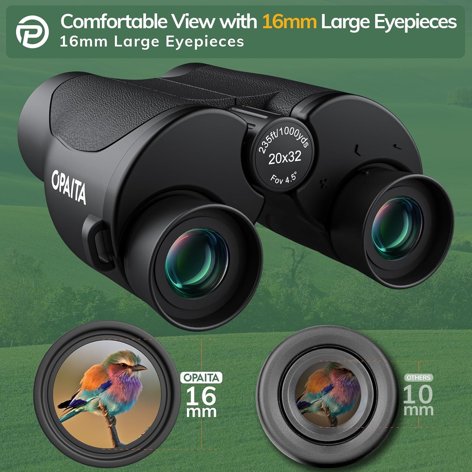High-powered compact binoculars for adults by Opaita, 20x32 magnification, small lightweight design for outdoor viewing.