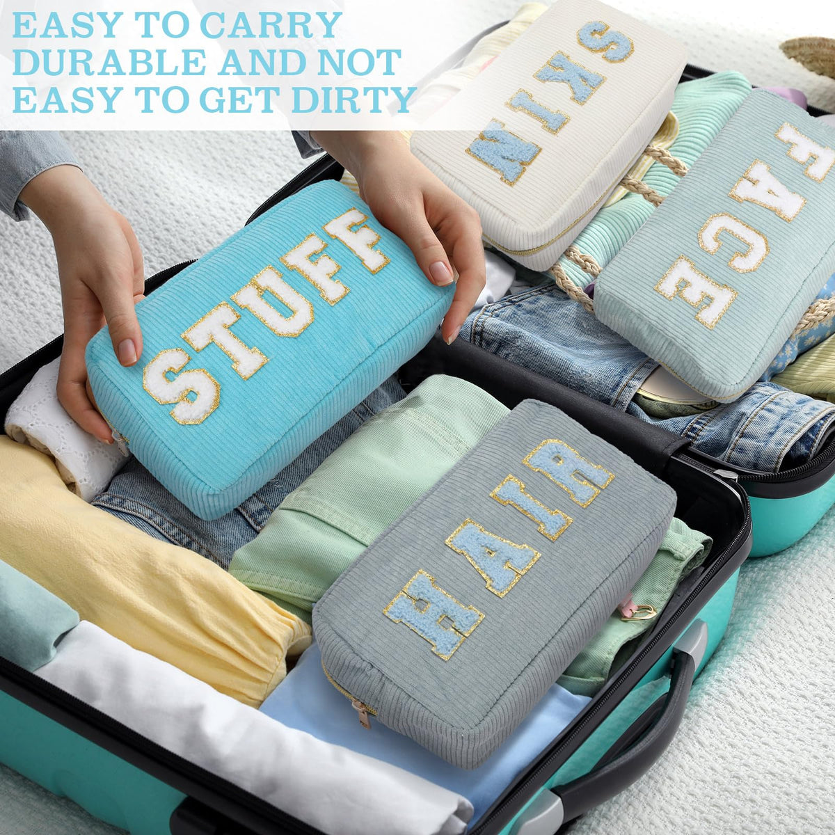 4 Preppy Chenille Letter Makeup Bags Blue Series Colors - Pinkunn Official Imagery - 4