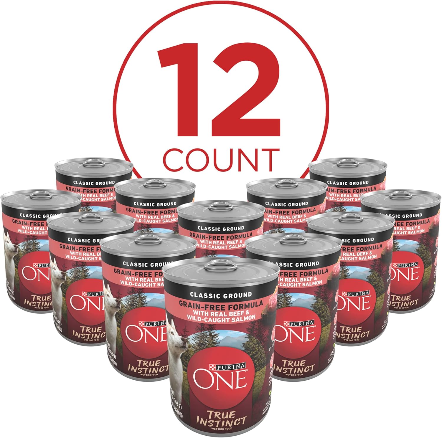 Purina ONE wet dog food True Instinct Classic Ground grain-free formula, 13 oz. cans, pack of 12, with ground meat and natural ingredients.