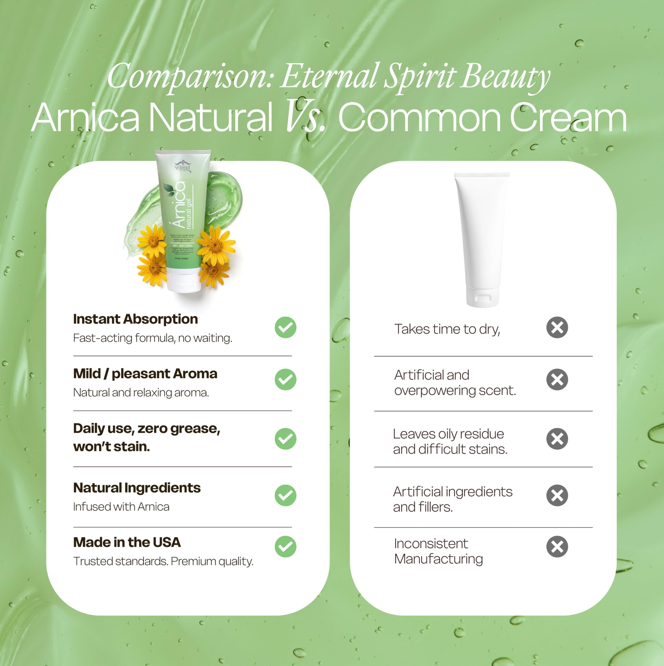 Eternal Spirit Beauty Arnica Gel in an 8oz bottle, cooling botanical skin moisturizer with arnica for soothing skin relief.
