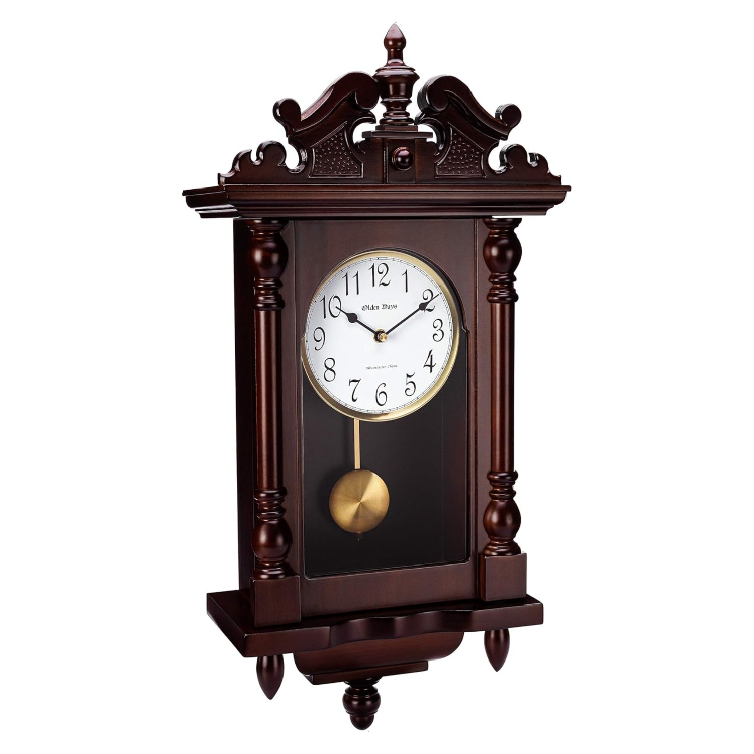 Olden Days antique vintage wall clock with real wood, swinging pendulum, four chime options, 22-inch large size.