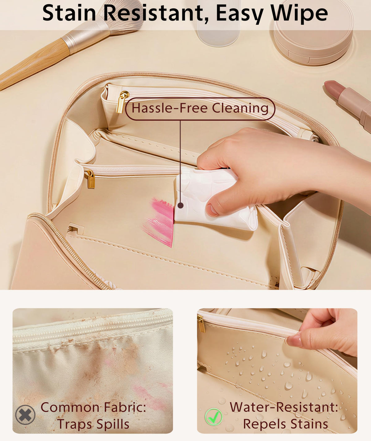 ALEXTINA Travel Makeup Bag PU Leather Cosmetic Bag Khaki - ALEXTINA Official Imagery - 5