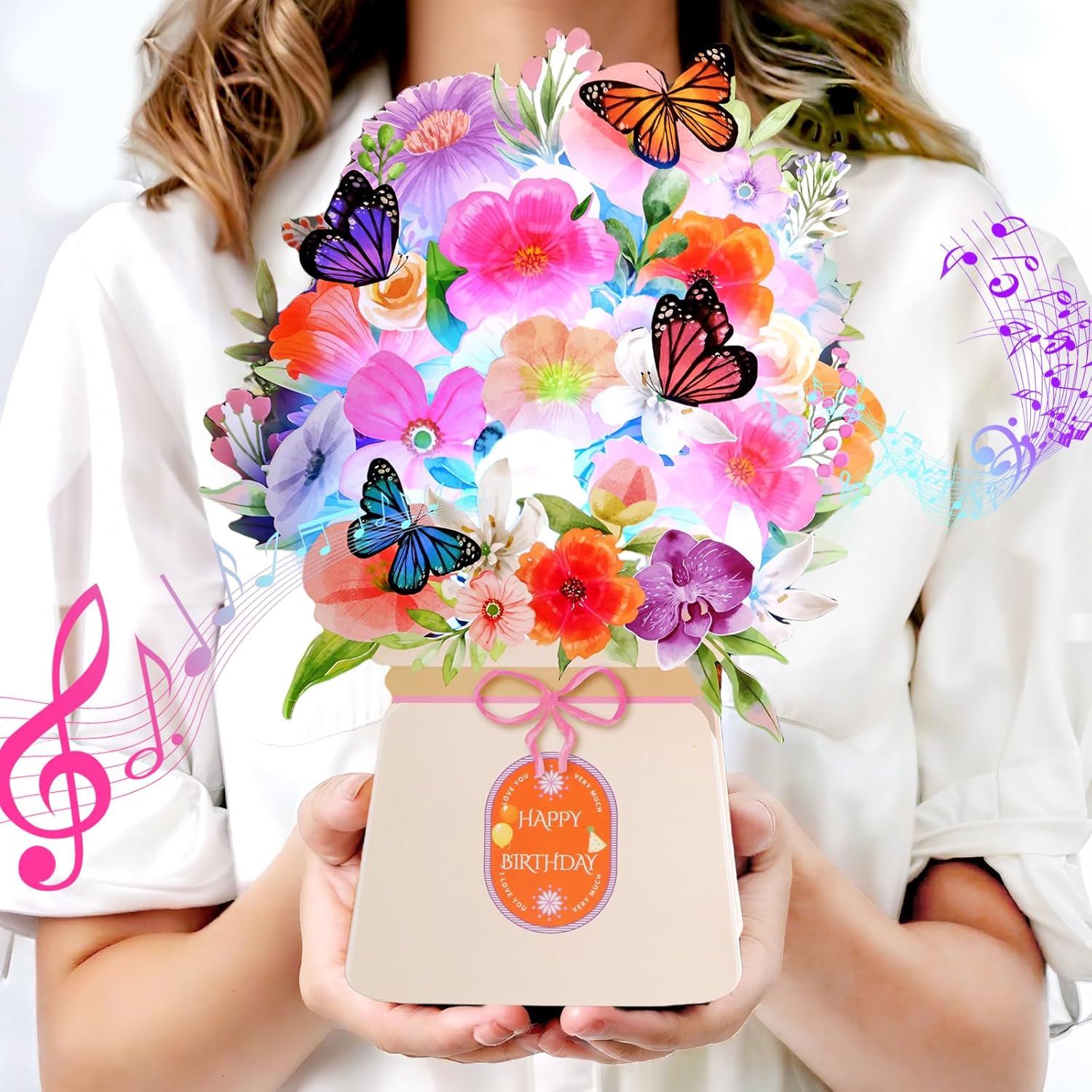Yinqing light and music birthday card with lily and butterfly design, 10-inch greeting card featuring cheerful birthday imagery
