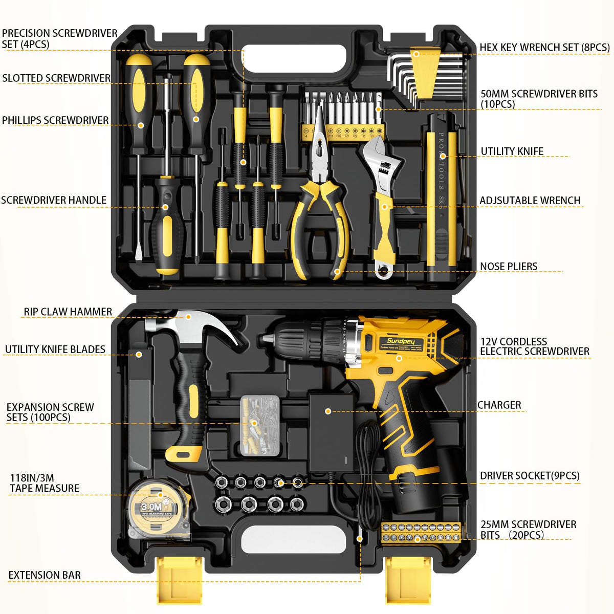 Sundpey 166 PC Small Basic Home Tool Kit Set with 12V - Sundpey Official Imagery - 3