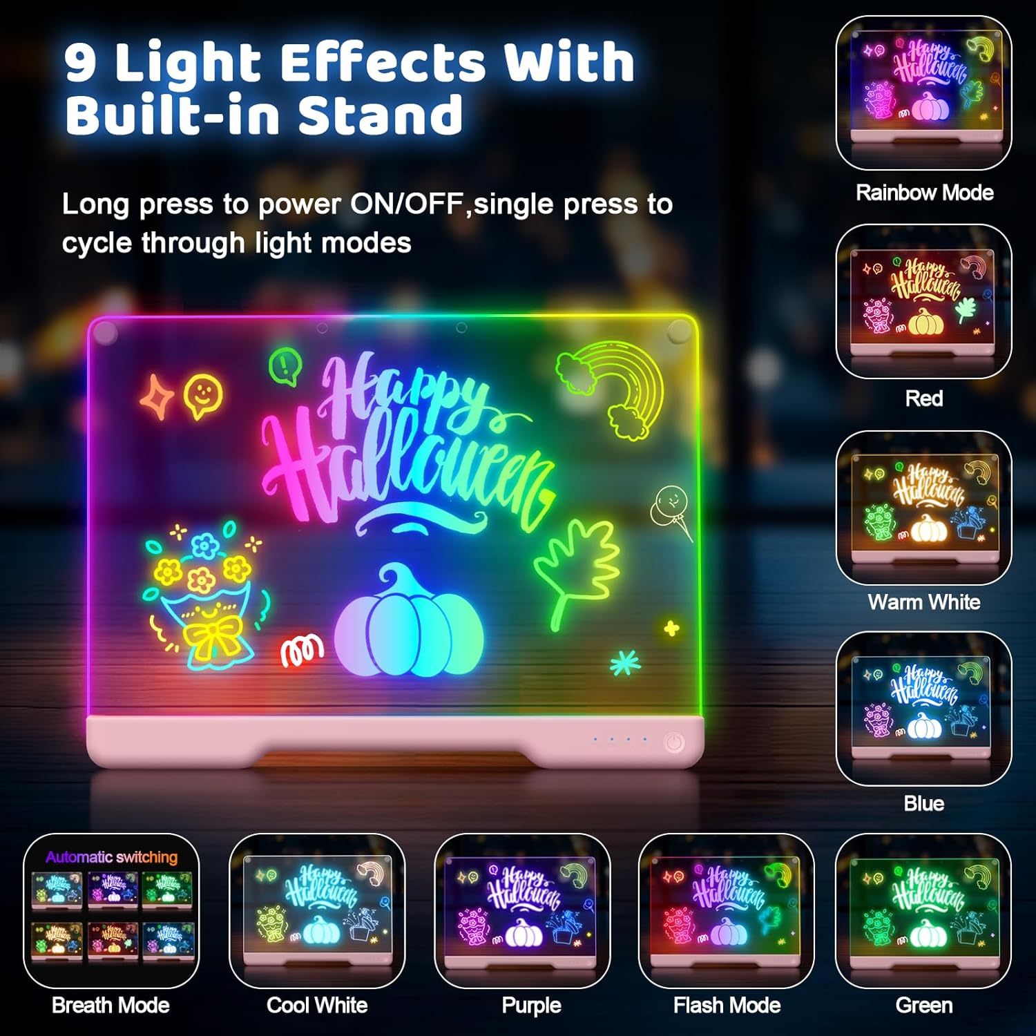 Geokay 16-inch rechargeable doodle glow LED note board with 9-color light modes, ideal for drawing and writing.