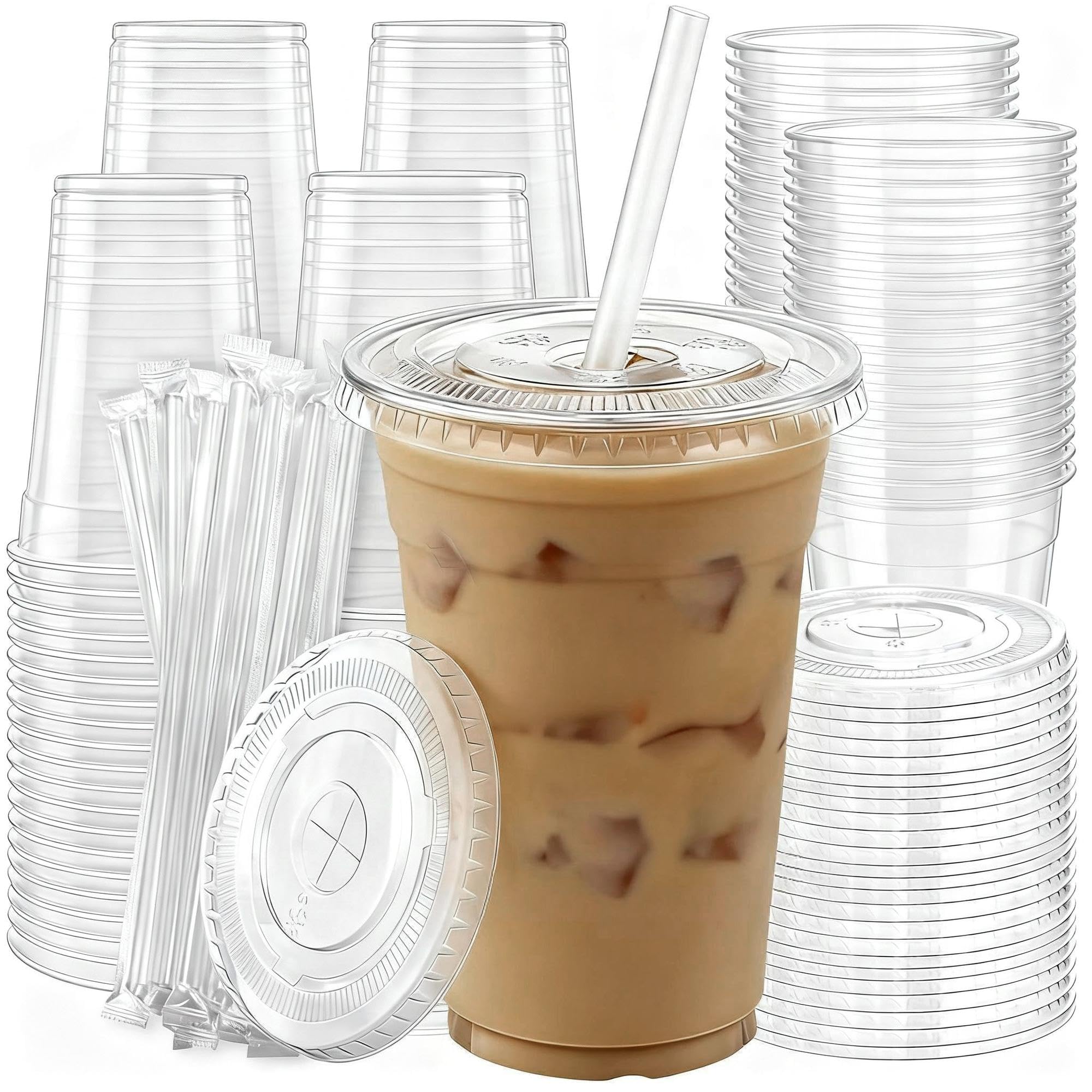 100 Pack 16 oz Plastic Cups with Lids and Straws, Clear - Product Imagery