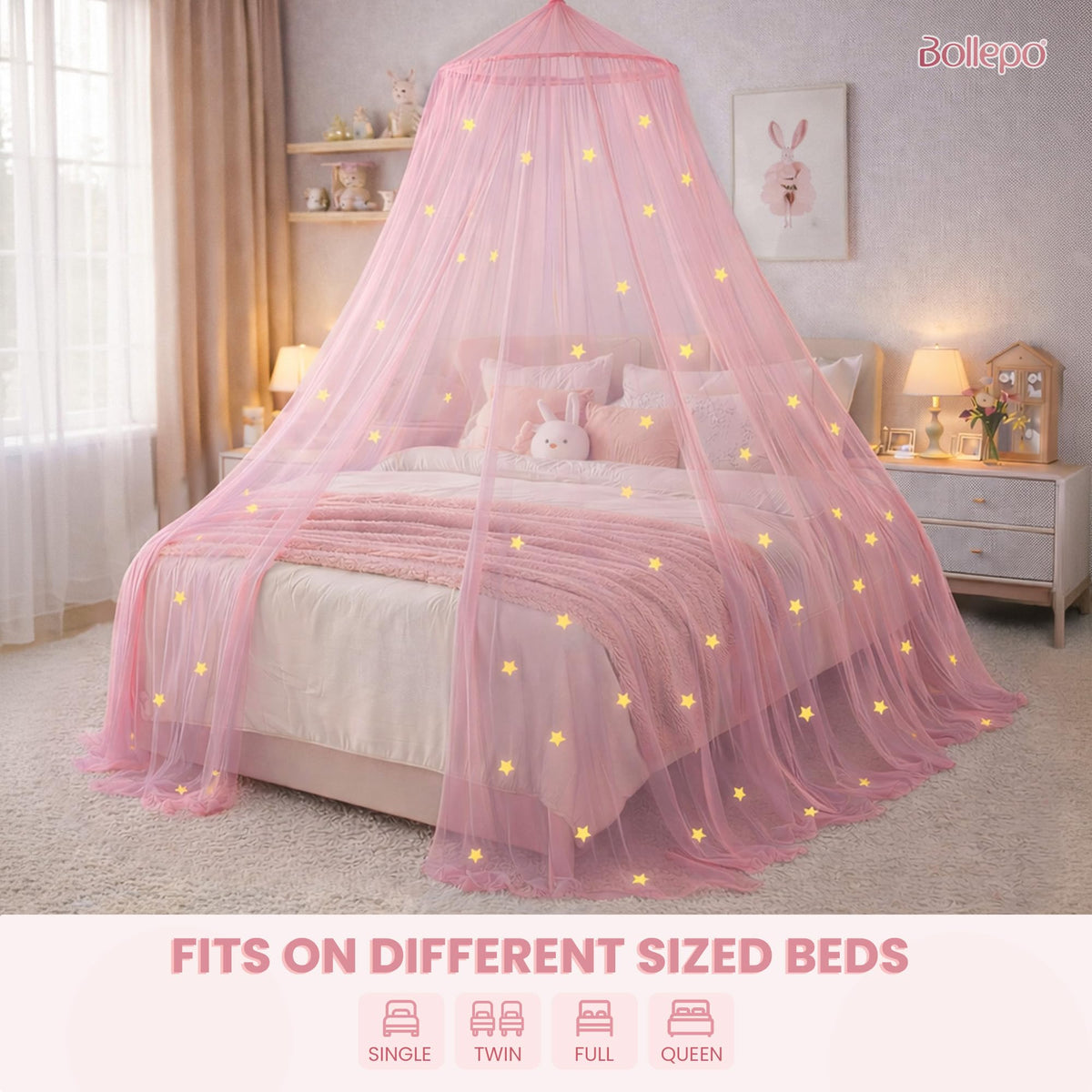 Pink Bed Canopy for Girls with Glowing Stars - Bollepo Official Imagery - 3