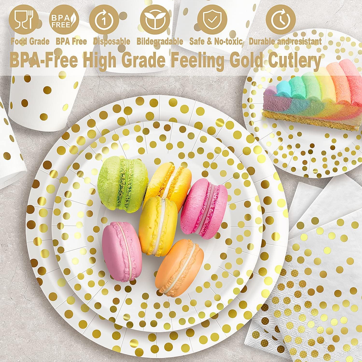 AIRE 175-piece white and gold paper plates party set, perfect for serving 25 guests at celebrations and events.