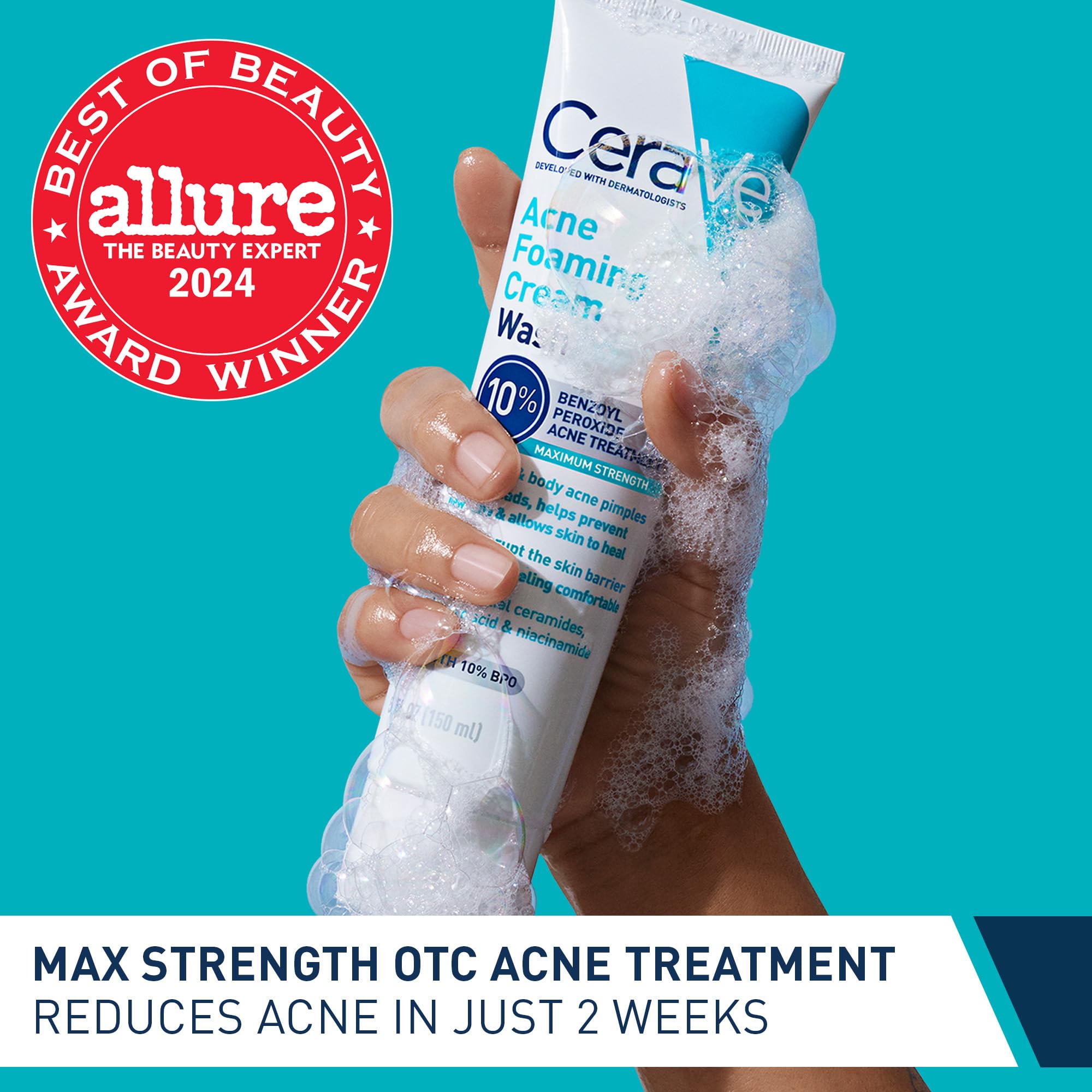 CeraVe Acne Foaming Cream Wash, 10% Benzoyl Peroxide Facial Cleanser - CeraVe Official Product View 3