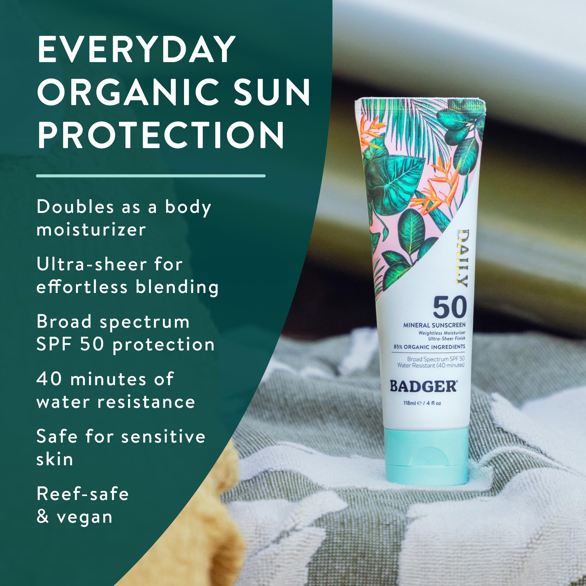 Badger SPF 50 Daily Mineral Sunscreen Sheer Zinc Oxide 4 fl - Badger Official Imagery - 3