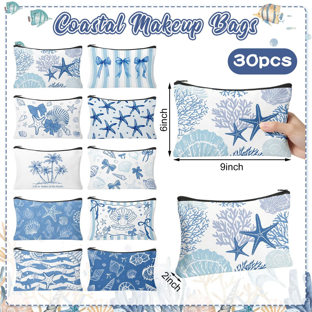 30 Pcs Coastal Makeup Bags Blue Bow Seashell Makeup Bag - HSDSH Official Imagery - 3