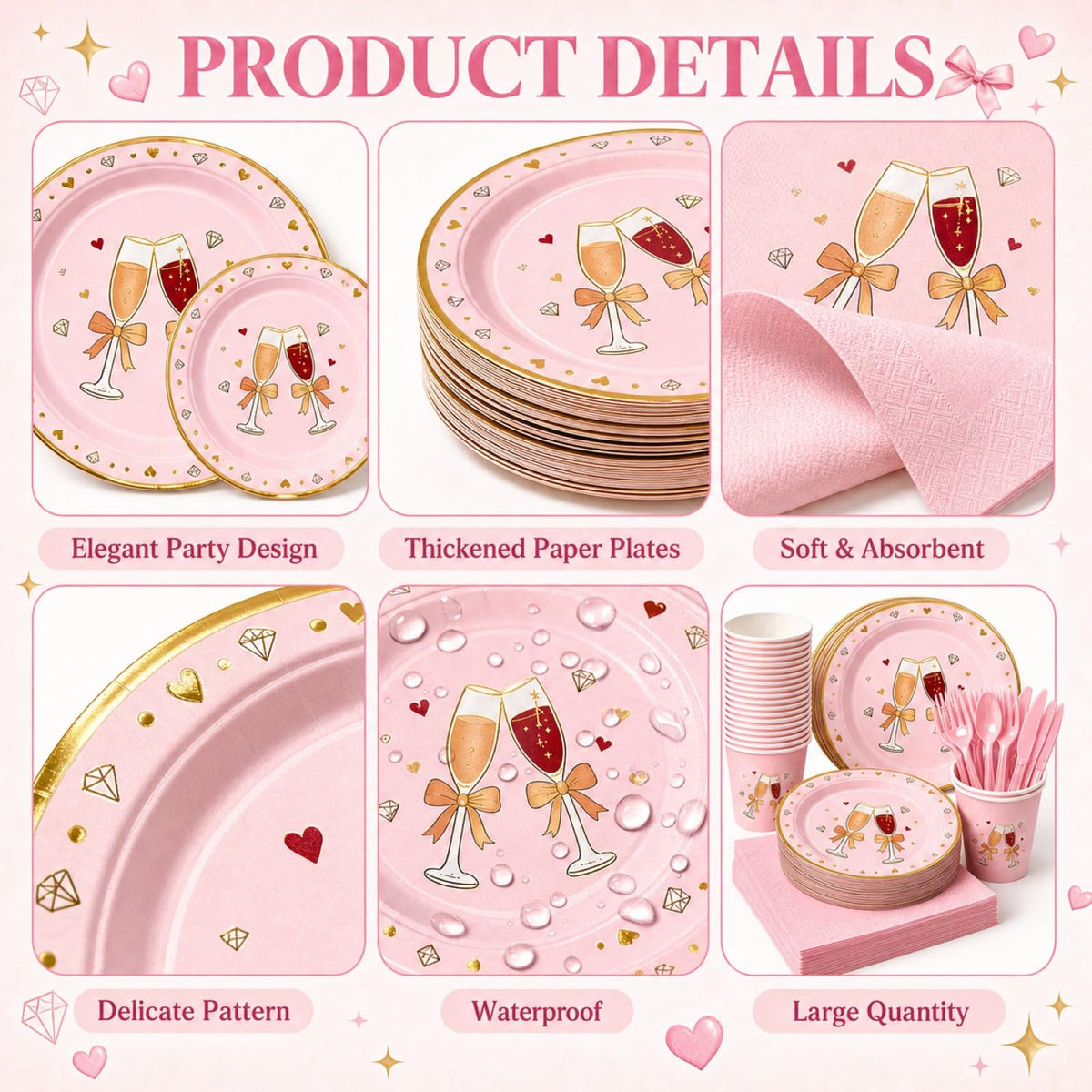 168 Pcs Pink Bow Champagne Heart Tableware Set Serves 24 - LEONGSII Official Imagery - 5