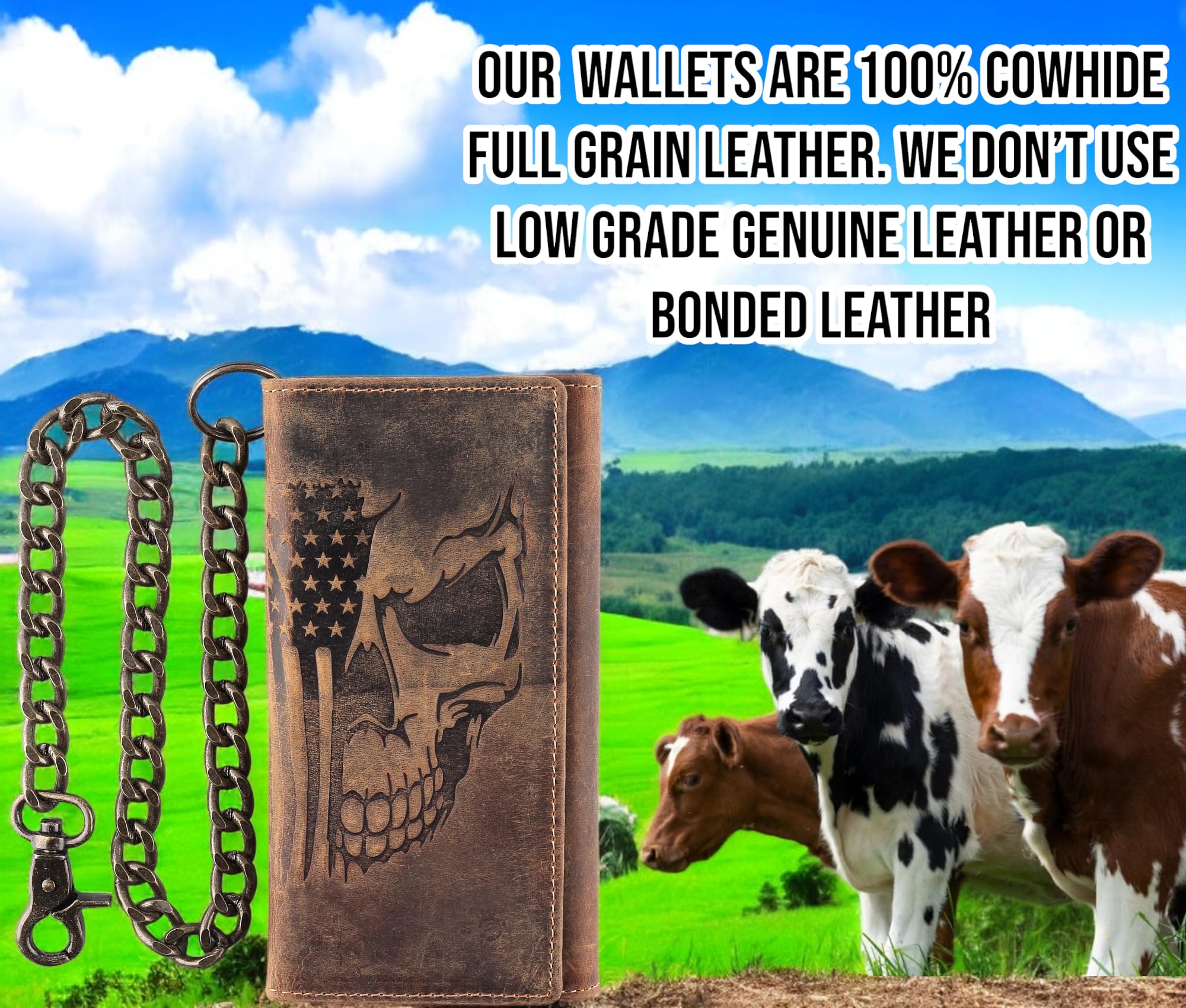 F&L CLASSIC RFID Blocking Mens Tri-fold Long Style Cowhide Leather Steel Chain Wallet,brown flag/skull,212-103