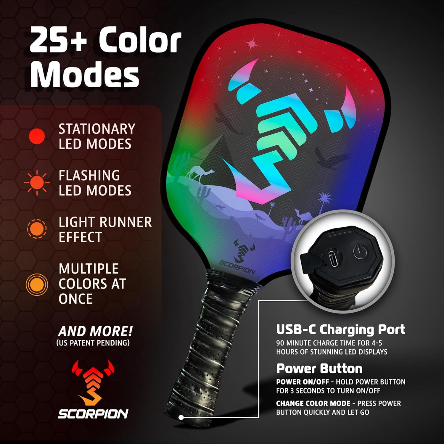 SCORPION LED pickleball paddles set with lightweight rackets, featuring built-in LED lights for enhanced play visibility.