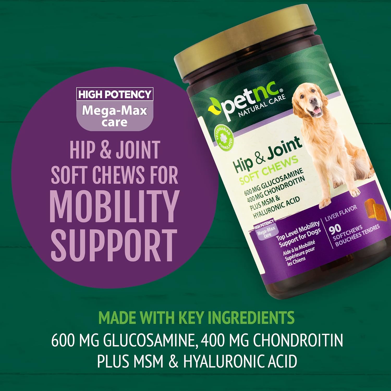 PetNC Natural Care Hip & Joint Mega Soft Chews for dogs, showing the soft chews in a close-up image.