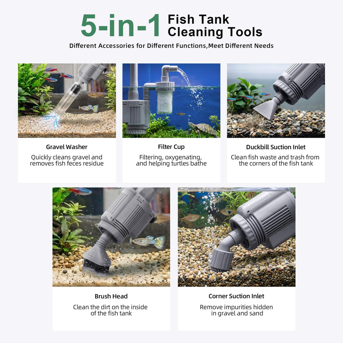 Electric Aquarium Vacuum Gravel Cleaner 5 in 1 Fish Tank - Meirenivo Official Imagery - 3