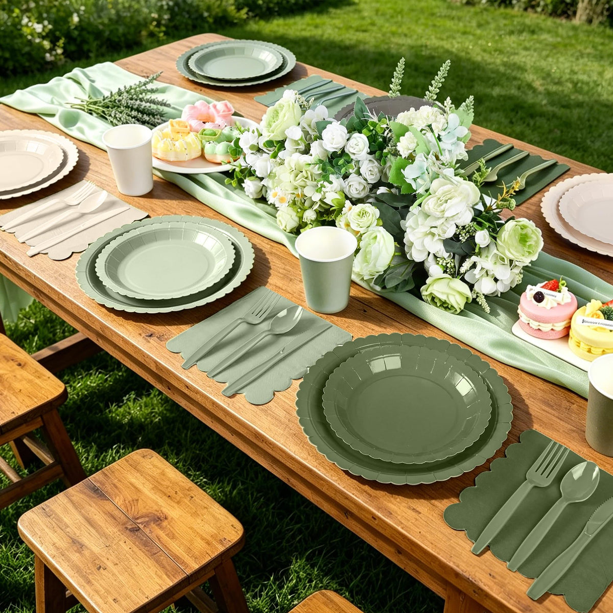 168 Pcs Nude Sage Green Tableware Set Sage and Beige Plates - ZUQMZUQ Official Imagery - 3