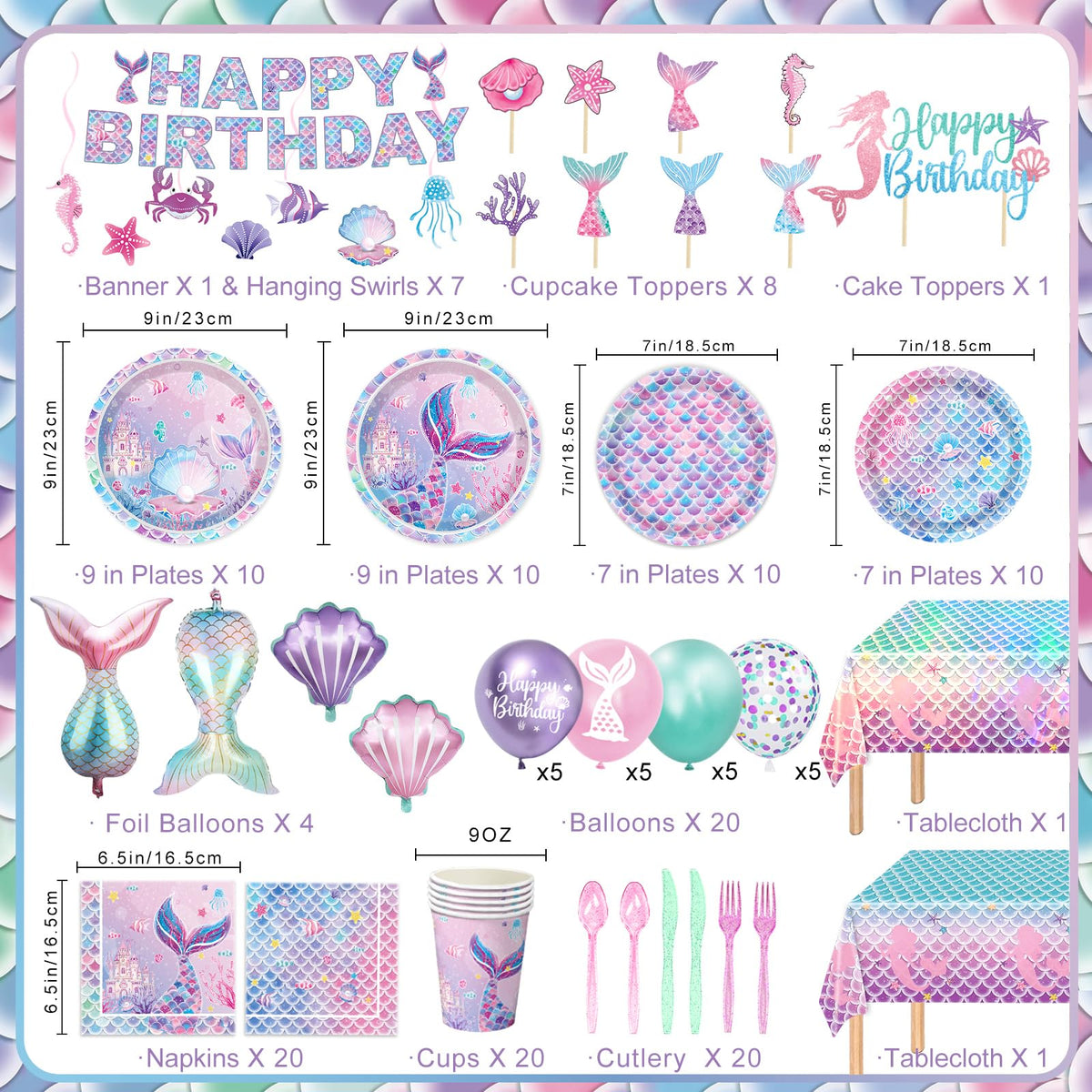 Mermaid Birthday Decorations Include Plates Napkins Cups - NKPDAXM Official Imagery - 3