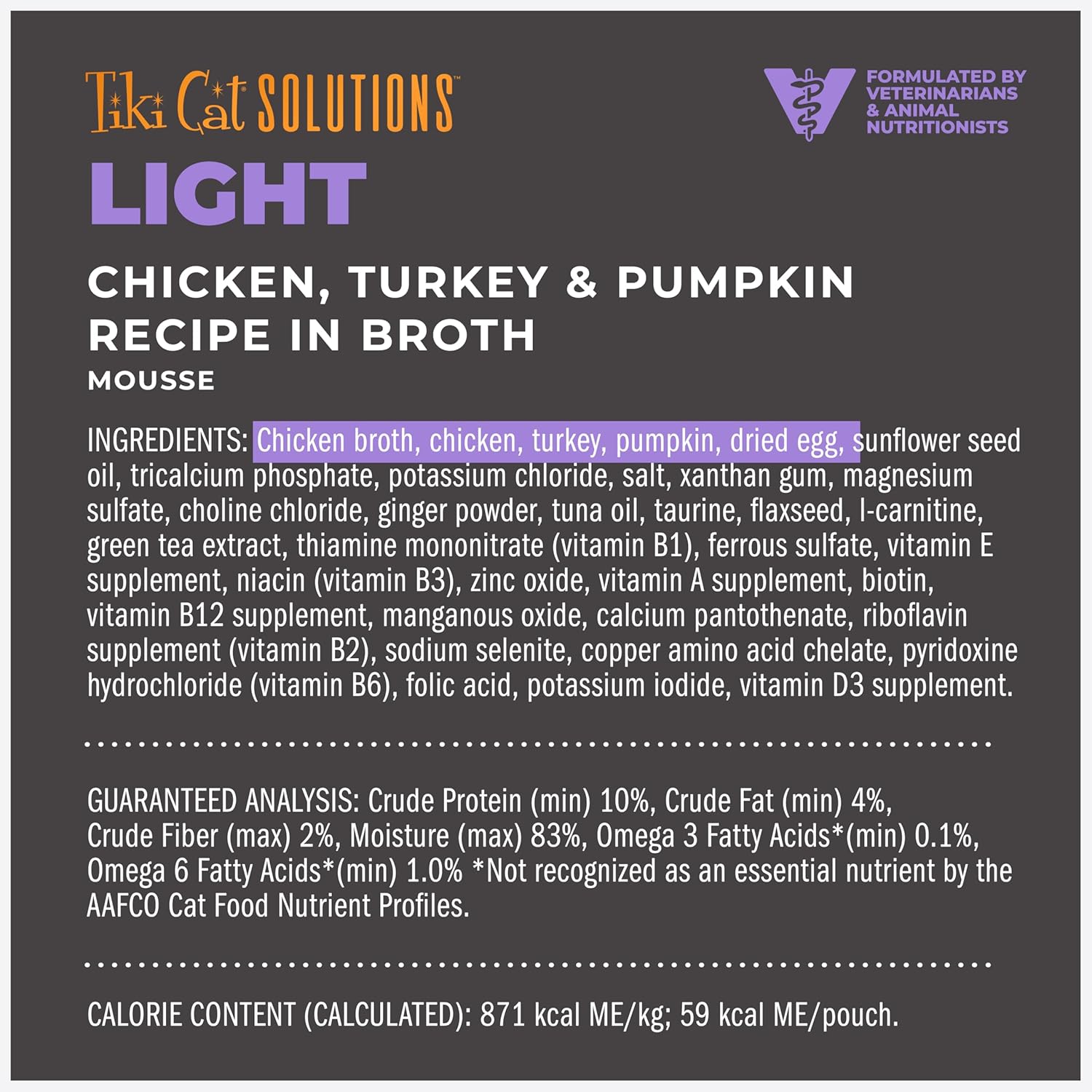 TIKI PETS Tiki Cat Solutions Light Mousse with chicken, turkey, and pumpkin, in a creamy, nutritious pet food serving.