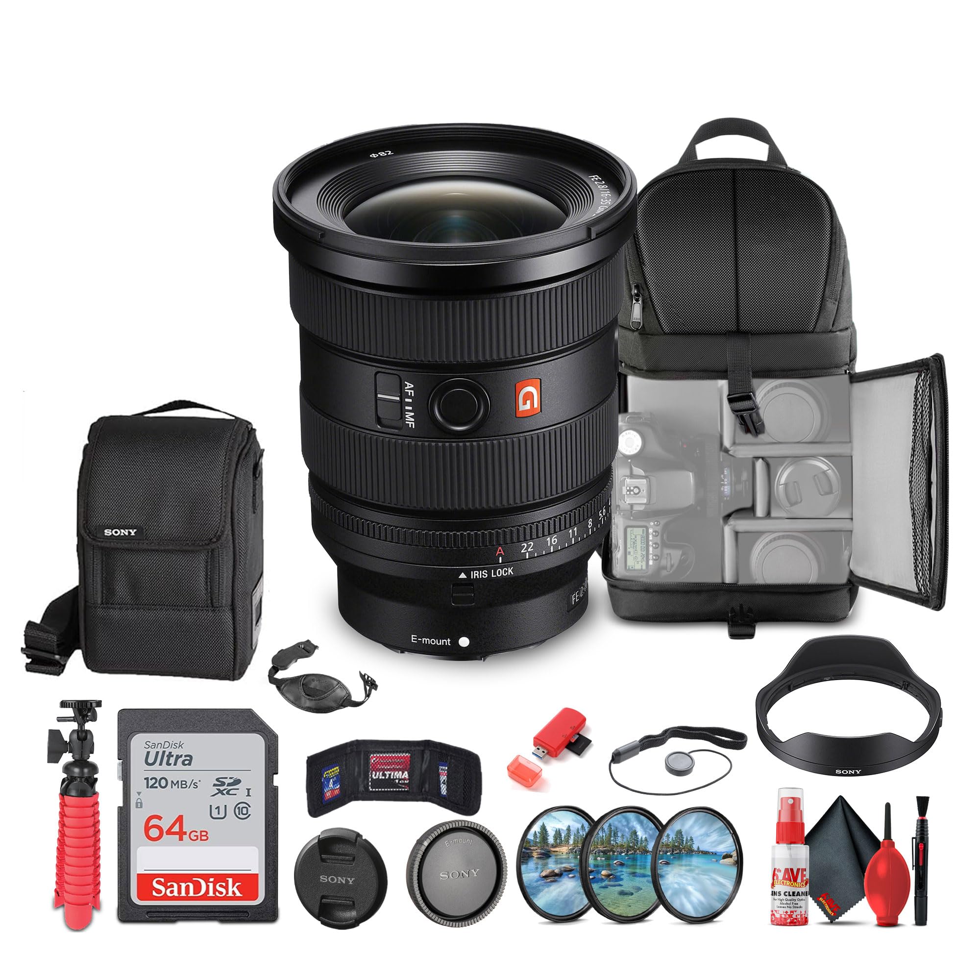Sony FE 16-35mm f/2.8 GM II Wide Angle Zoom Lens (Sony E) (SEL1635GM2) + 64GB Memory Card + Filter Kit + Backpack + Flexible Tripod + Cap Keeper + Cleaning Kit + Memory Card Wallet + More (Renewed)