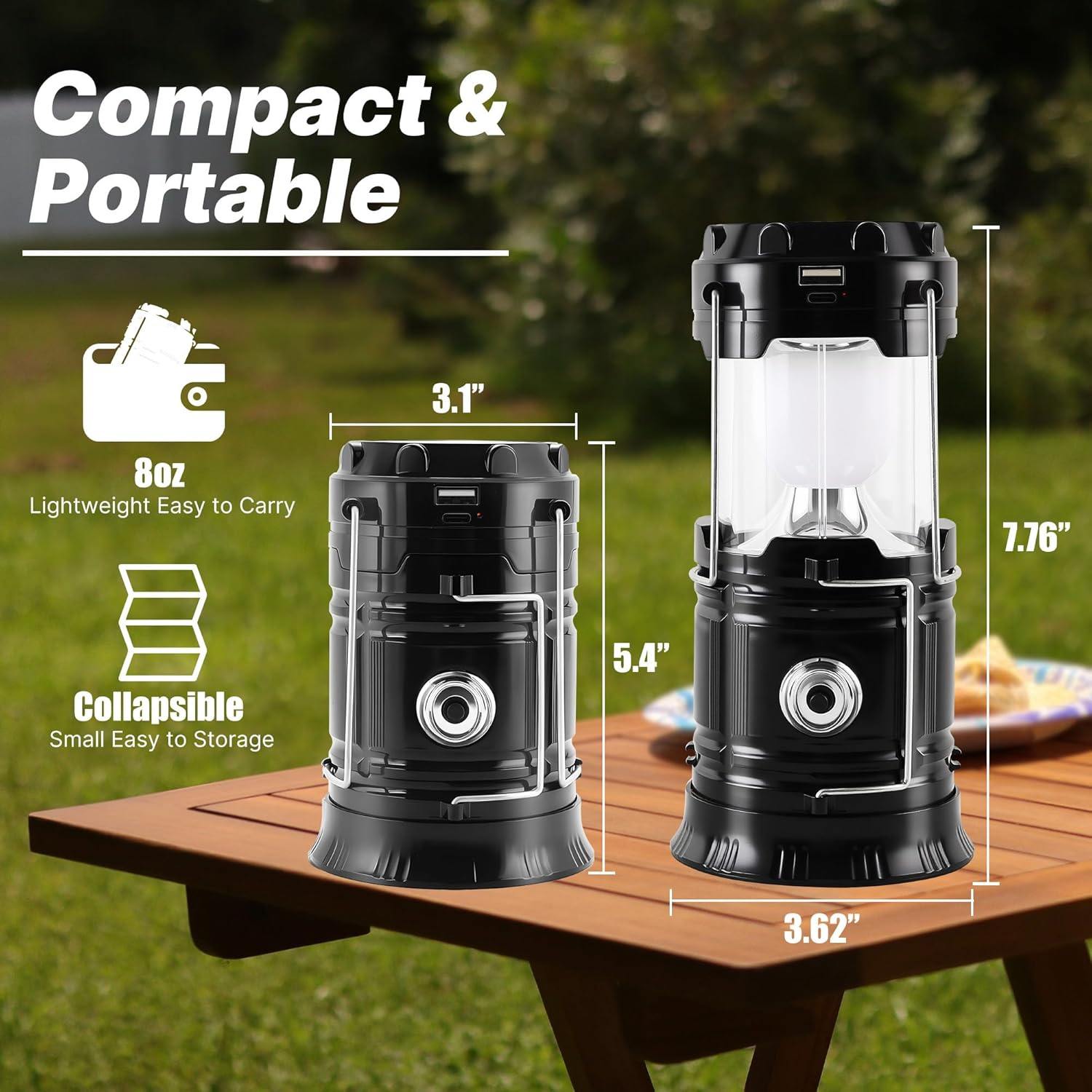 Lichamp collapsible portable solar camping lantern with USB recharge, compact design, bright LED light for outdoor camping and hiking.