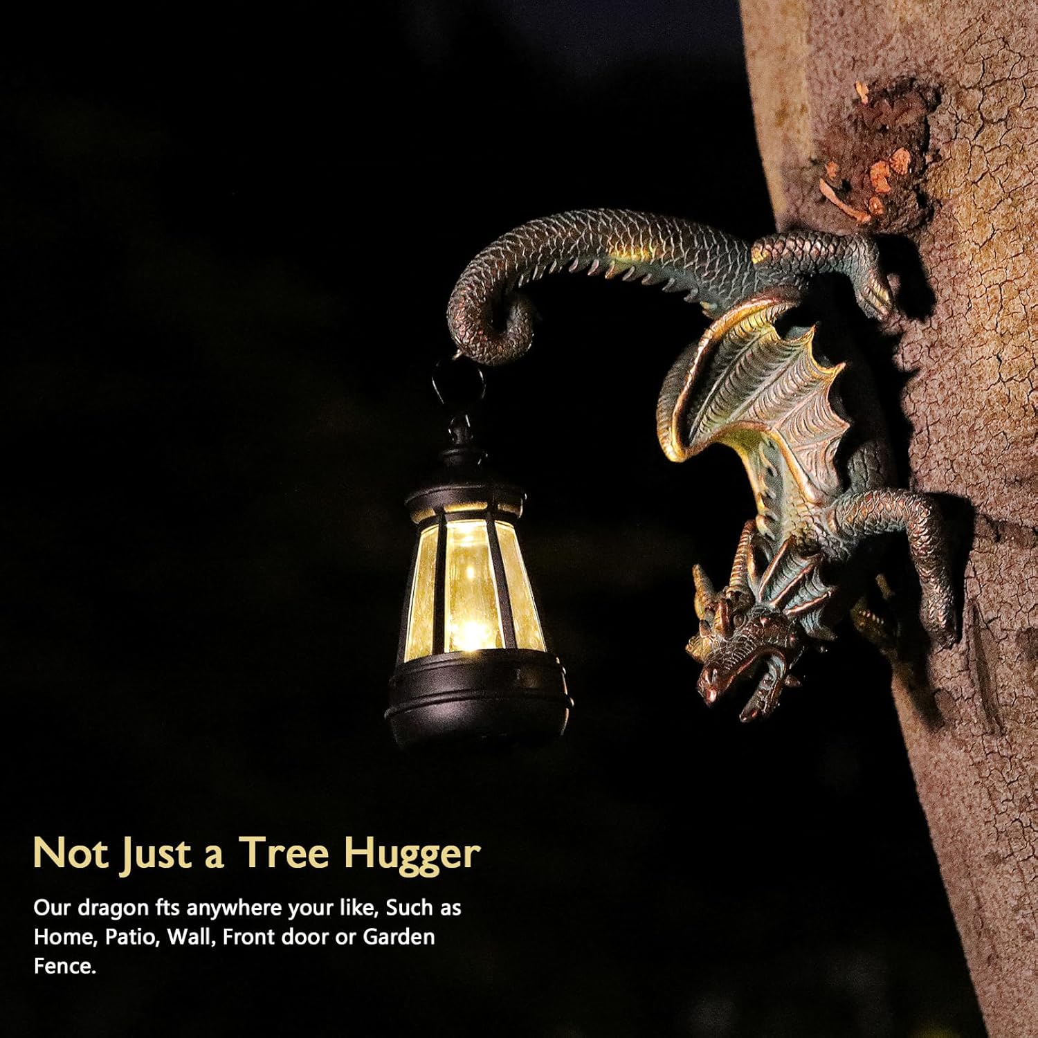REYISO Solar Dragon Tree Hugger Statue wall decor featuring a whimsical garden dragon figure perched on a tree branch.