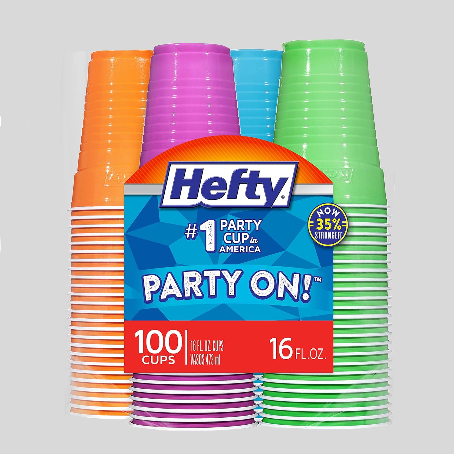 Hefty Party On Disposable Plastic Cups, Assorted, 16 Ounce, 100 Count