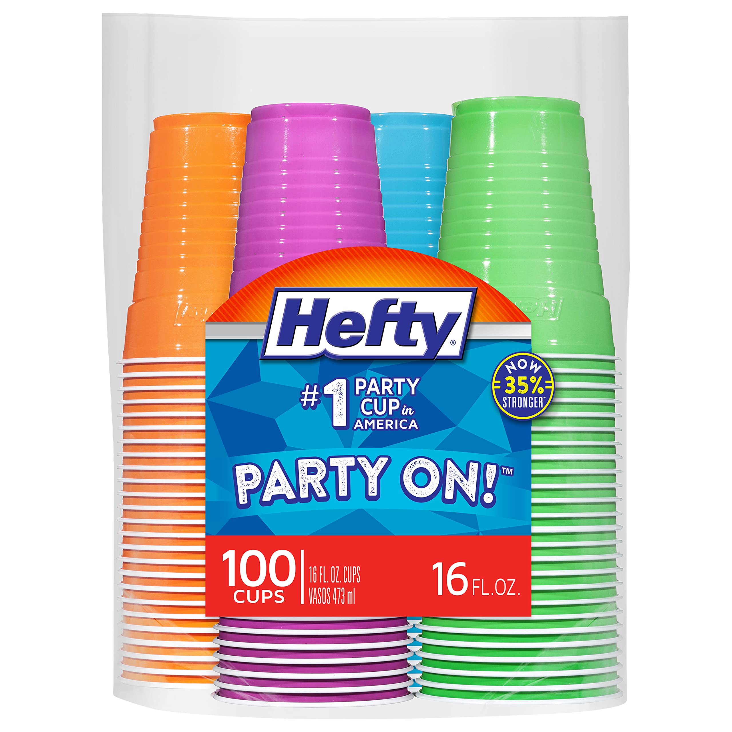 Hefty Party On Disposable Plastic Cups, Assorted, 16 Ounce, 100 - Product Imagery