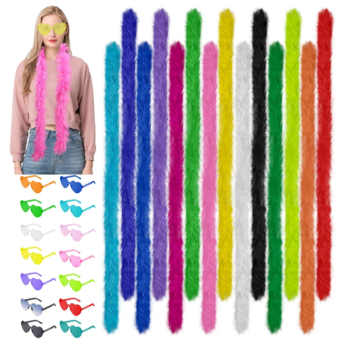 28 Pcs 5 Ft Feather Boas and Heart Sunglasses Set 14 Colors - TANEMUDO Official Imagery - 2