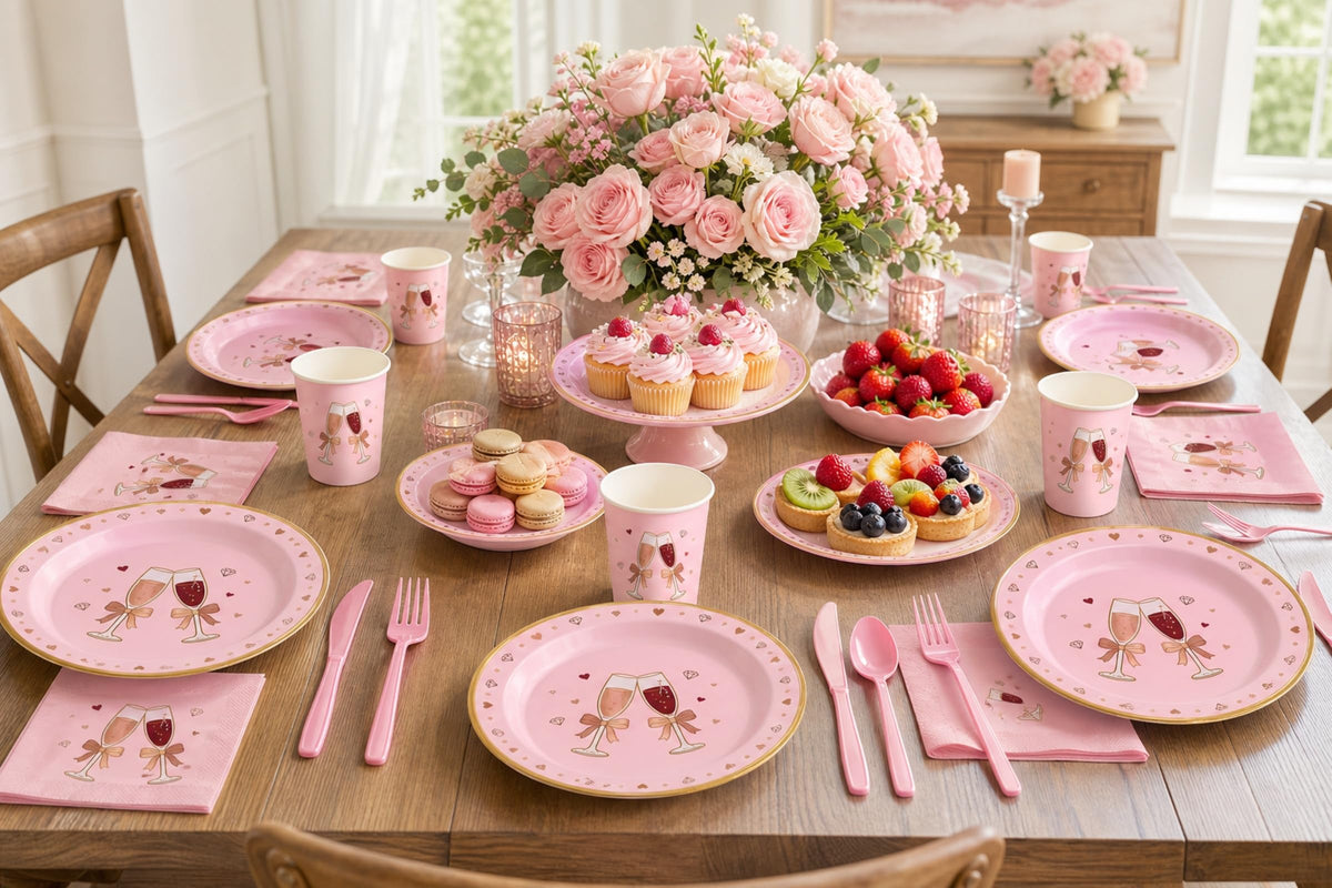 168 Pcs Pink Bow Champagne Heart Tableware Set Serves 24 - LEONGSII Official Imagery - 7