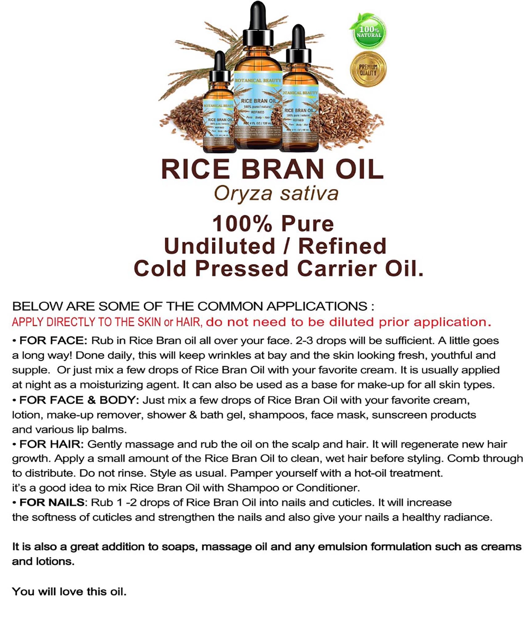 Botanical Beauty RICE BRAN OIL 100% Pure Natural Refined - Botanical Beauty