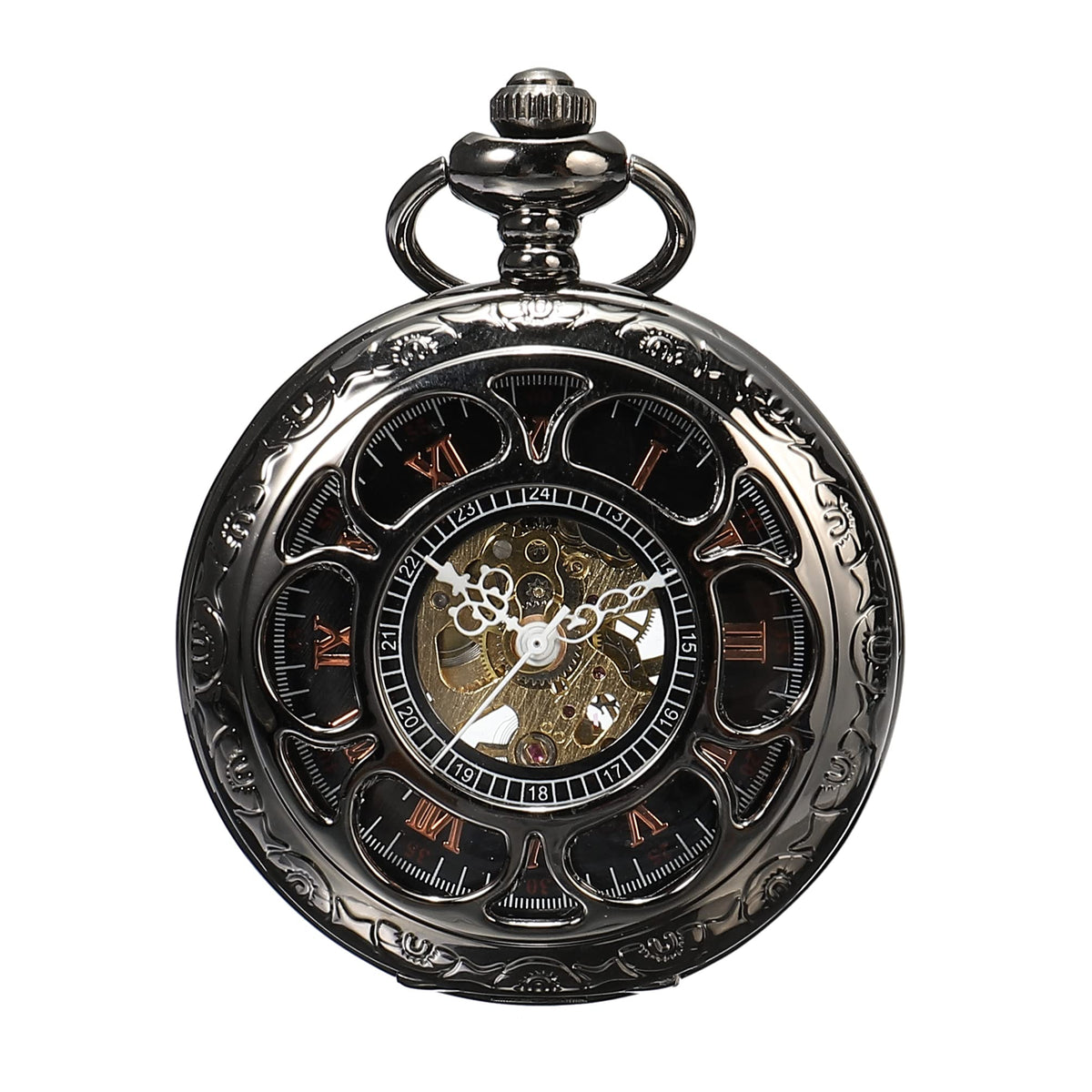 ShoppeWatch steampunk pocket watch with chain for men, featuring intricate vintage design and classic round dial.