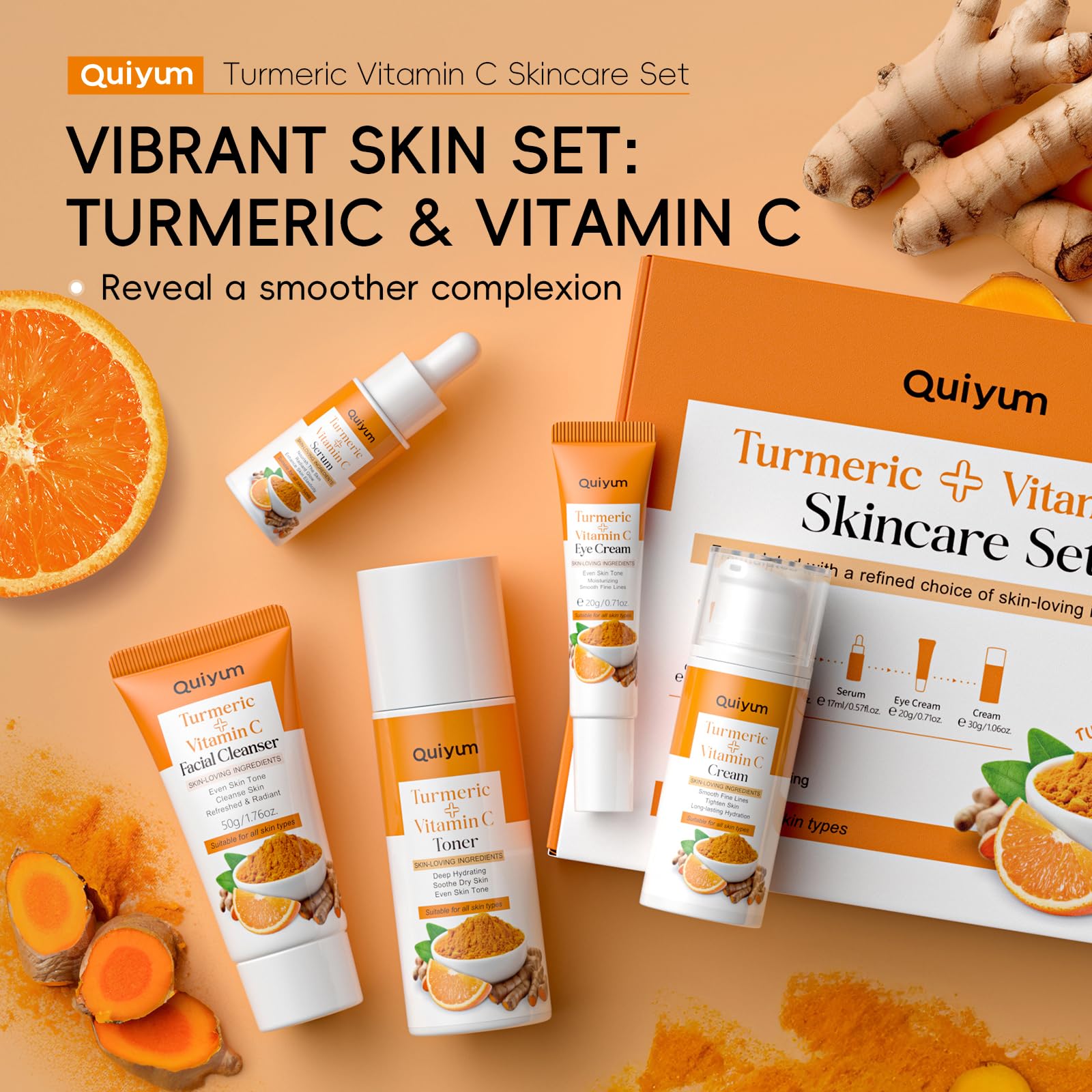 Turmeric Vitamin C Skin Care Set, 5PCS Beauty Routine for Women - QUIYUM