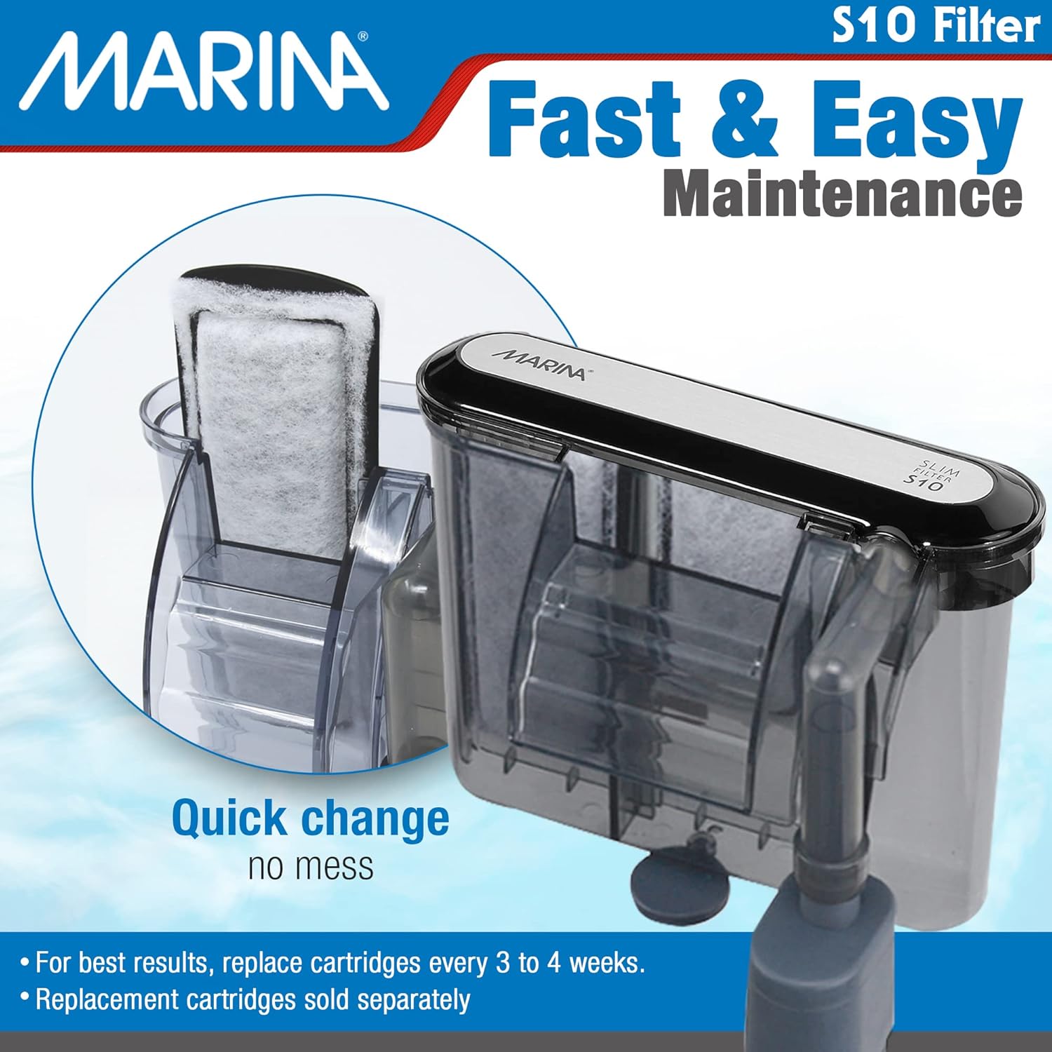 Marina S10 Power Filter for up to 10-gallon aquariums, featuring biological and mechanical filtration components.