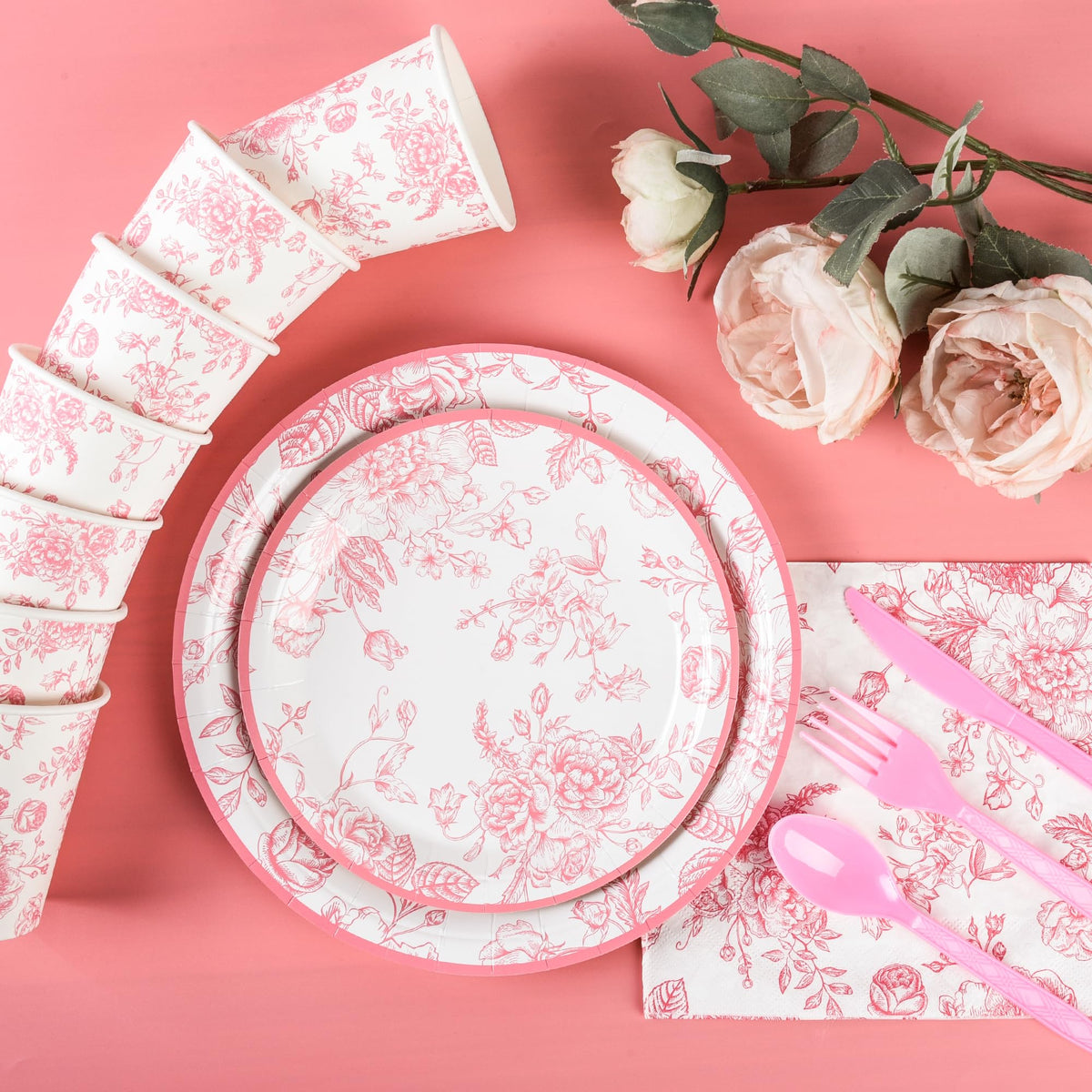 175Pcs Pink Floral Paper Plates and Napkins 25 Guests Pink - Elyxio Official Imagery - 6