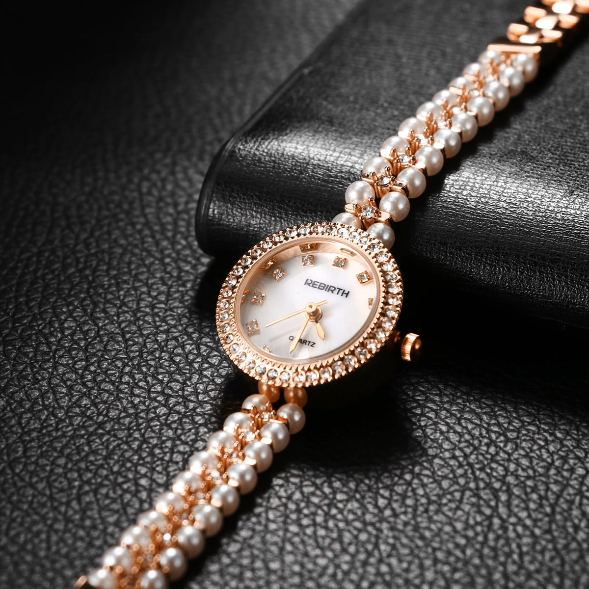 JewelryWe Womens Iced Out Pearl Watch Round Analog Quartz - JewelryWe Official Imagery - 5