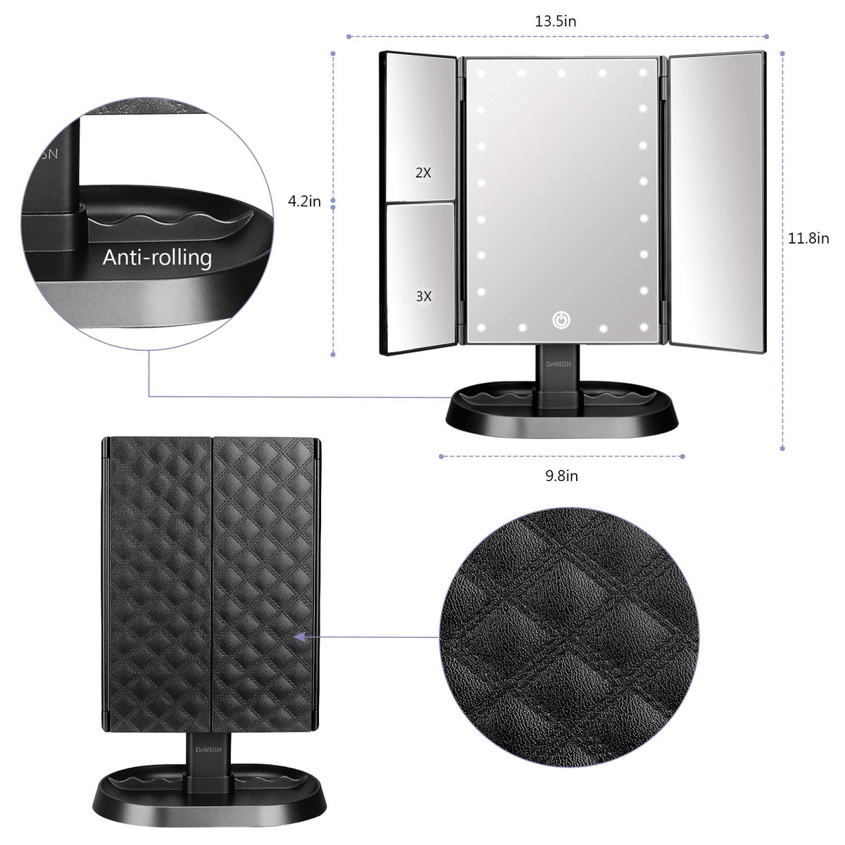 Trifold Lighted Vanity Makeup Mirror with 21 LEDs Lights 1x - deweisn Official Imagery - 3
