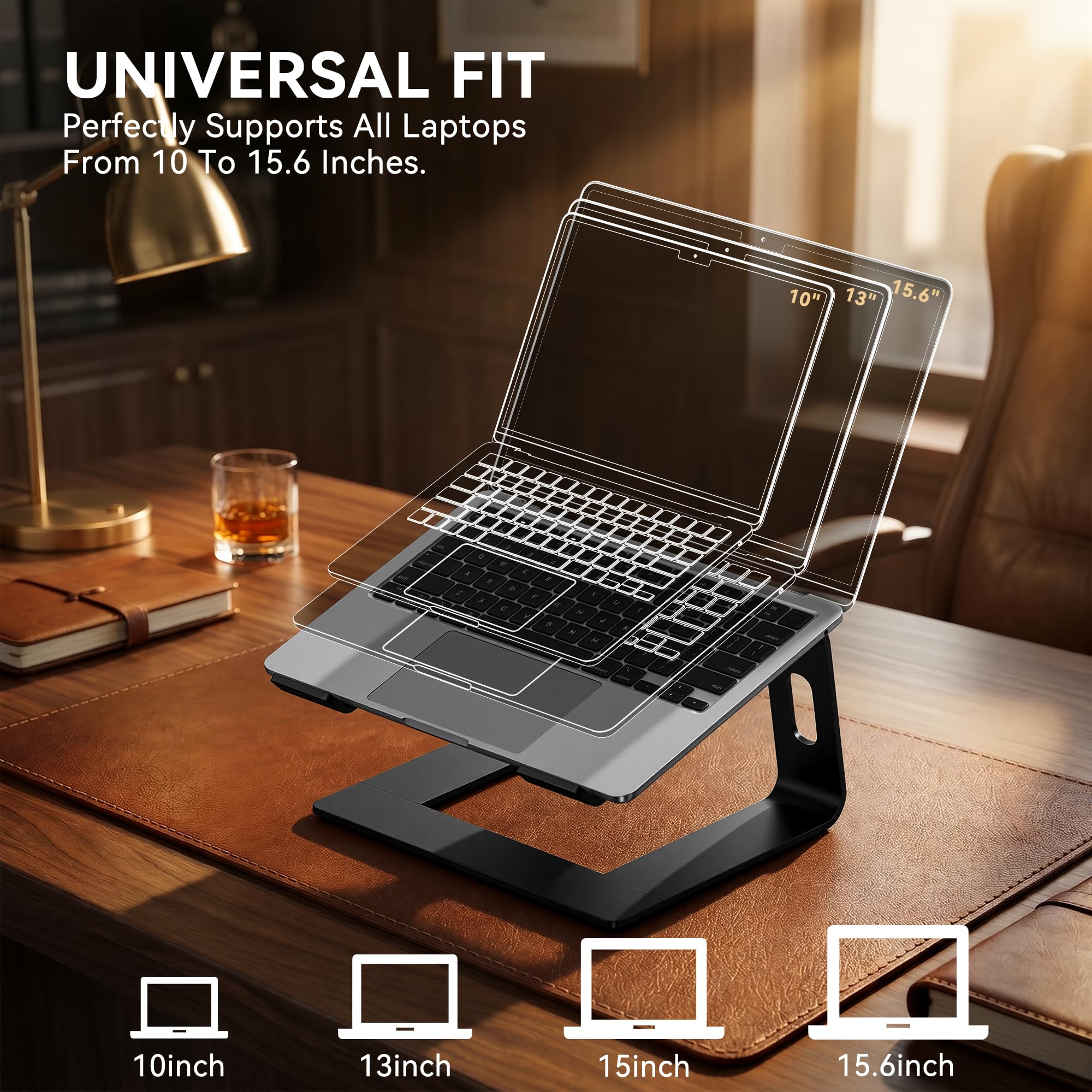 SOUNDANCE Laptop Stand, Aluminum Computer Riser, Ergonomic Laptops Elevator for Desk, Metal Holder Compatible with 10 to 15.6 Inches Notebook Computer, Black