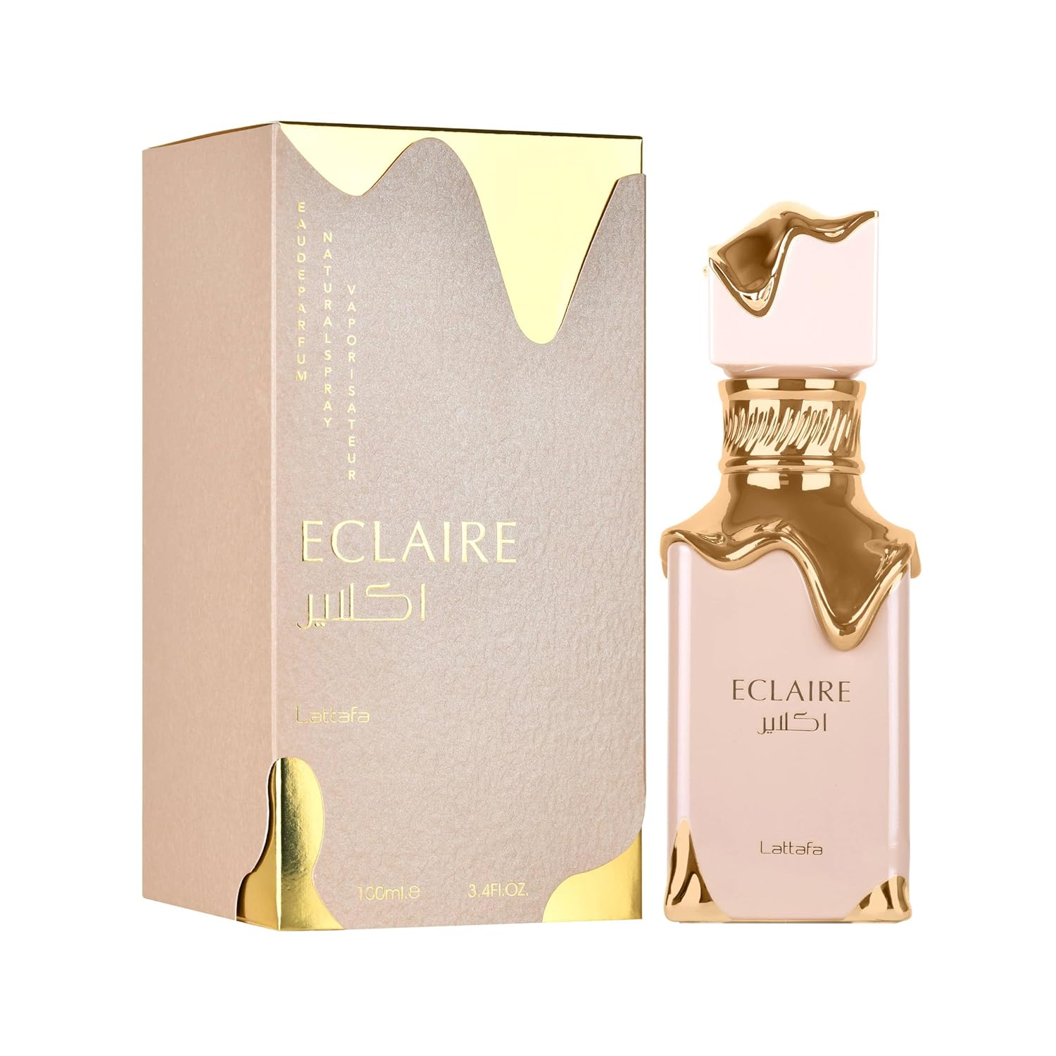 Lattafa Eclaire Eau de Parfum for women featuring vanilla, caramel, floral notes in a 3.4 oz bottle