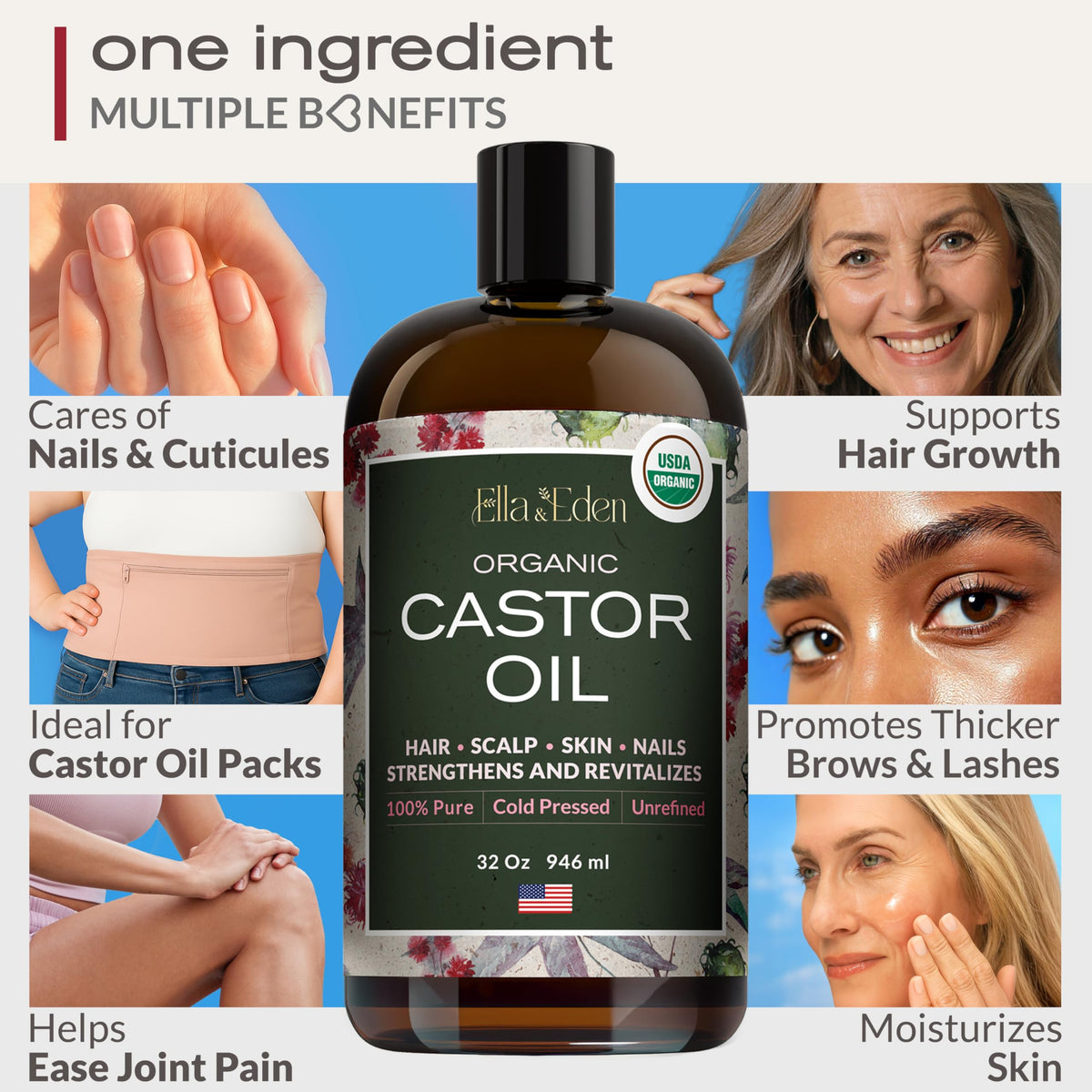 USDA Organic Castor Oil 100 Pure Cold Pressed Hexane Free 32 - Ella & Eden Official Imagery - 5