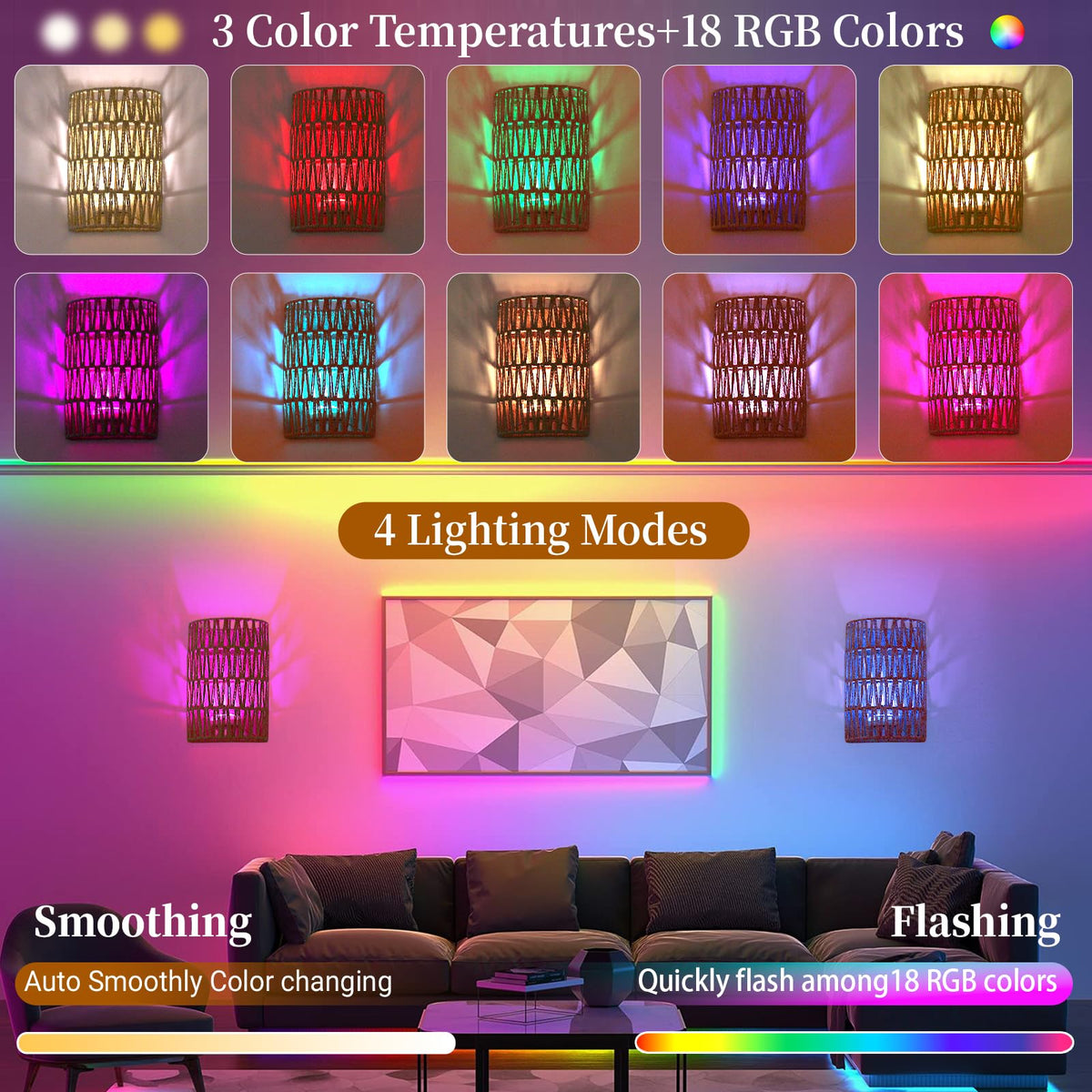 Boho Wall Decor Battery Operated Wall Sconce Set of 2 18 RGB - FINCMY Official Imagery - 5